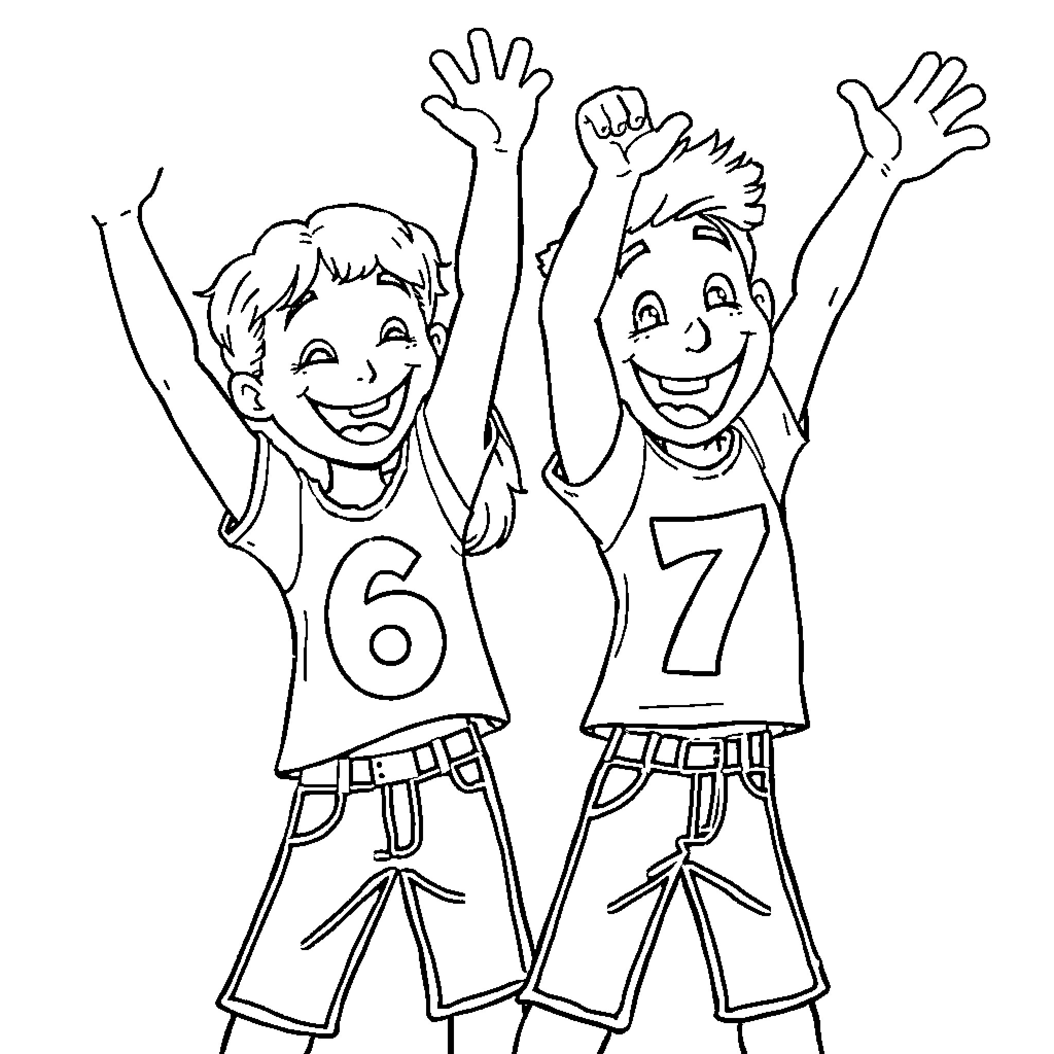 Number Two Boys Cheering Happily Coloring Page (free black-and-white line drawing printable PDF for all, from beginners to advanced learners, including children, teens, adults, and seniors)