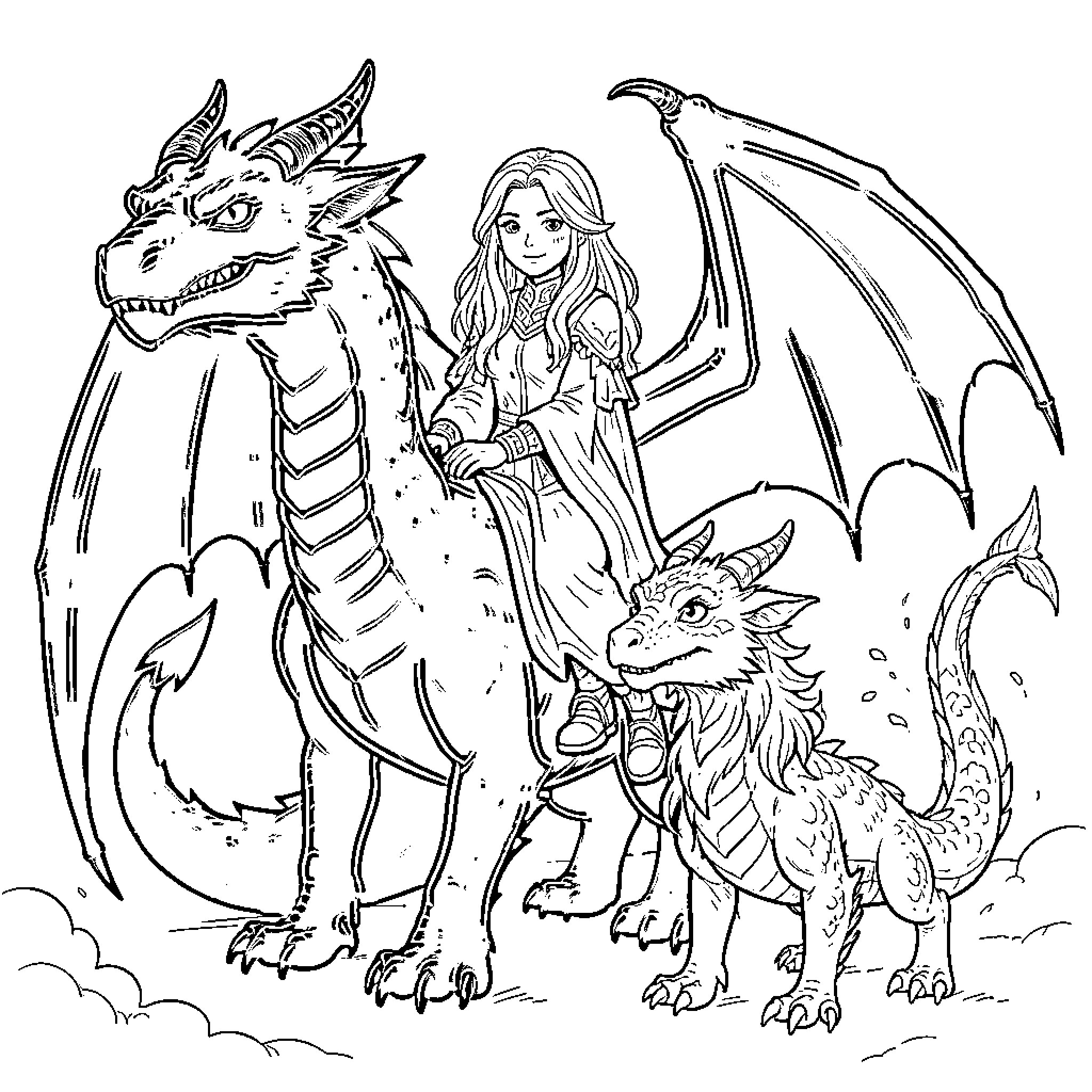 Violet Sorrengail's Fantastic Dragon Encounter Coloring Page (free black-and-white line drawing printable PDF for all, from beginners to advanced learners, including children, teens, adults, and seniors)