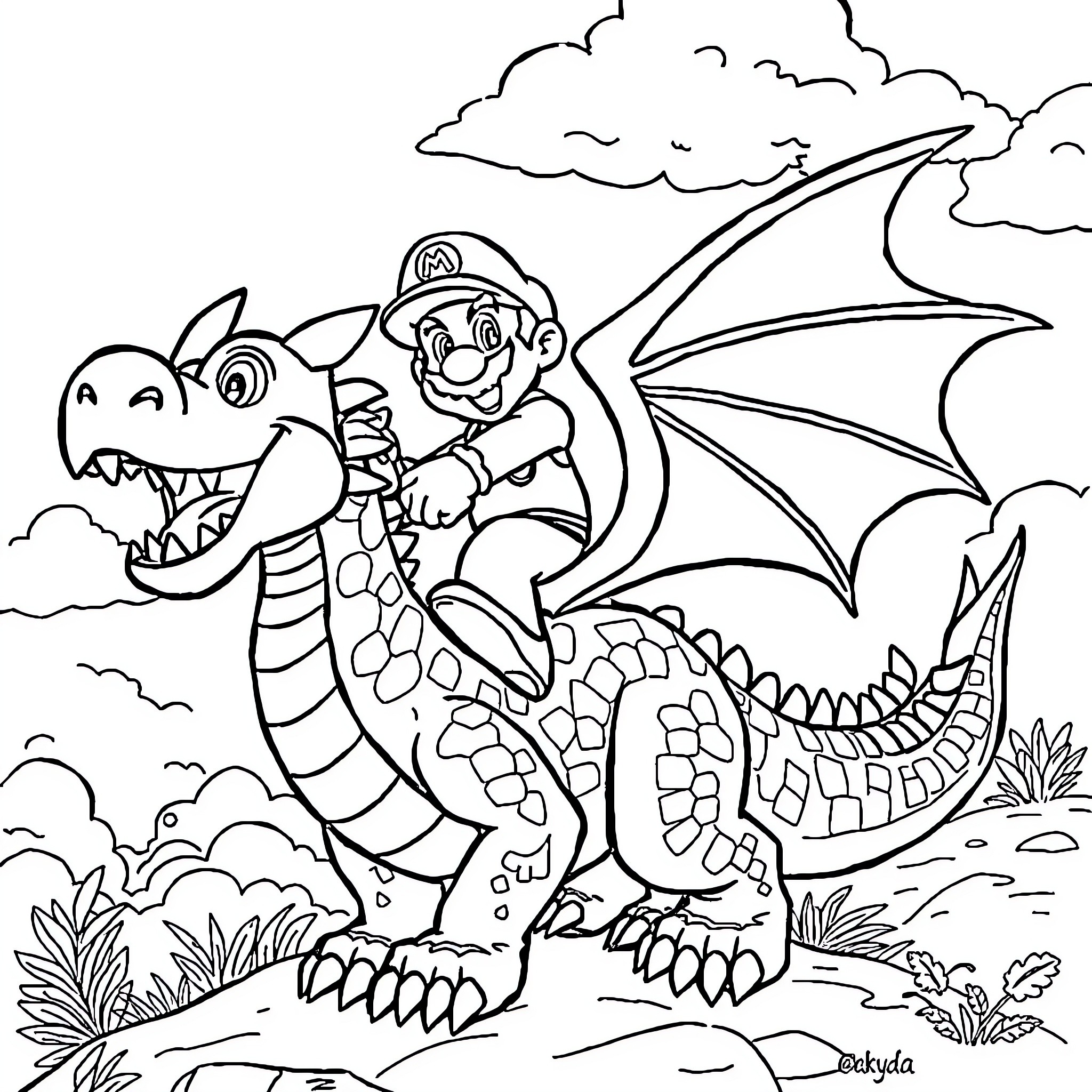 Mario riding a friendly dragon in the clouds Coloring Page (free black-and-white line drawing printable PDF for all, from beginners to advanced learners, including children, teens, adults, and seniors)