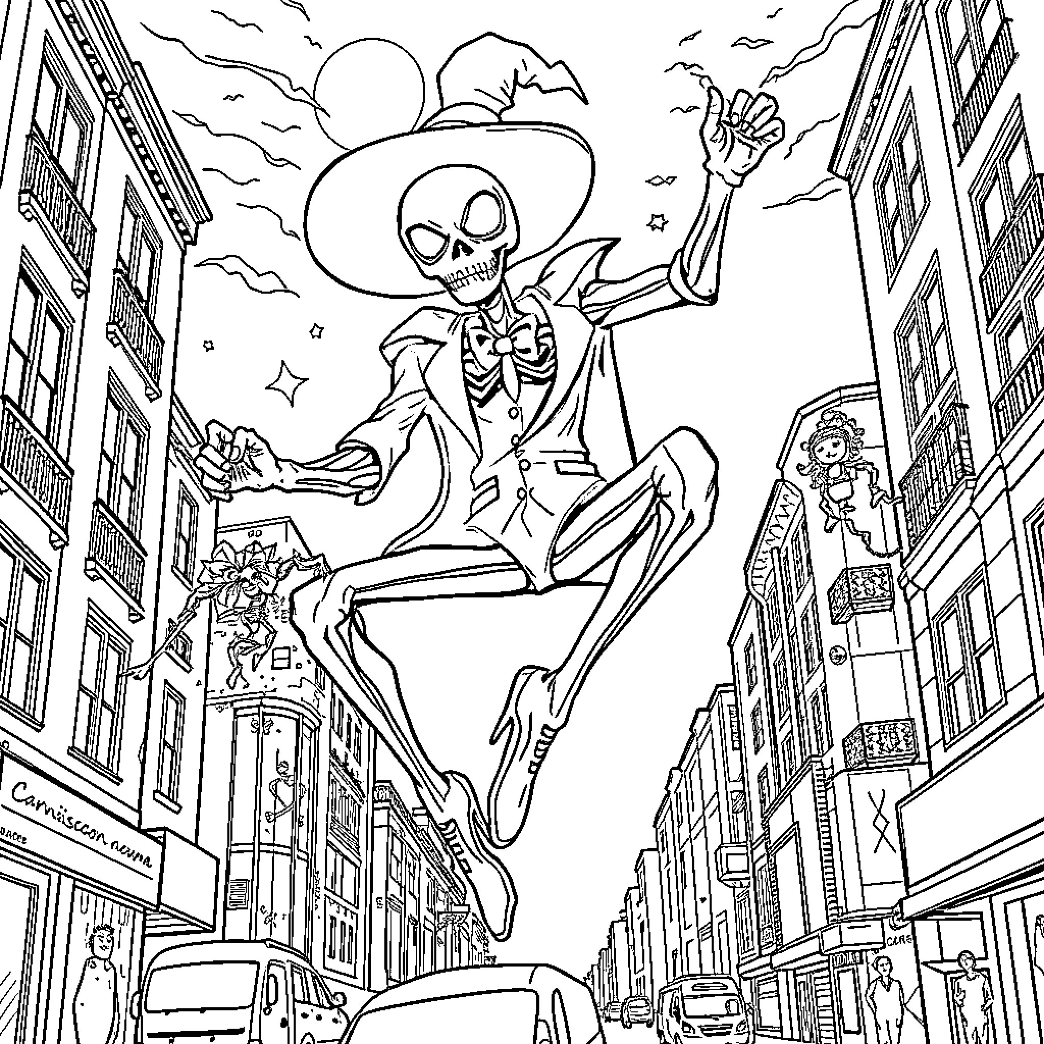 Skull Spider jumping joyfully through the city streets Coloring Page (free black-and-white line drawing printable PDF for all, from beginners to advanced learners, including children, teens, adults, and seniors)