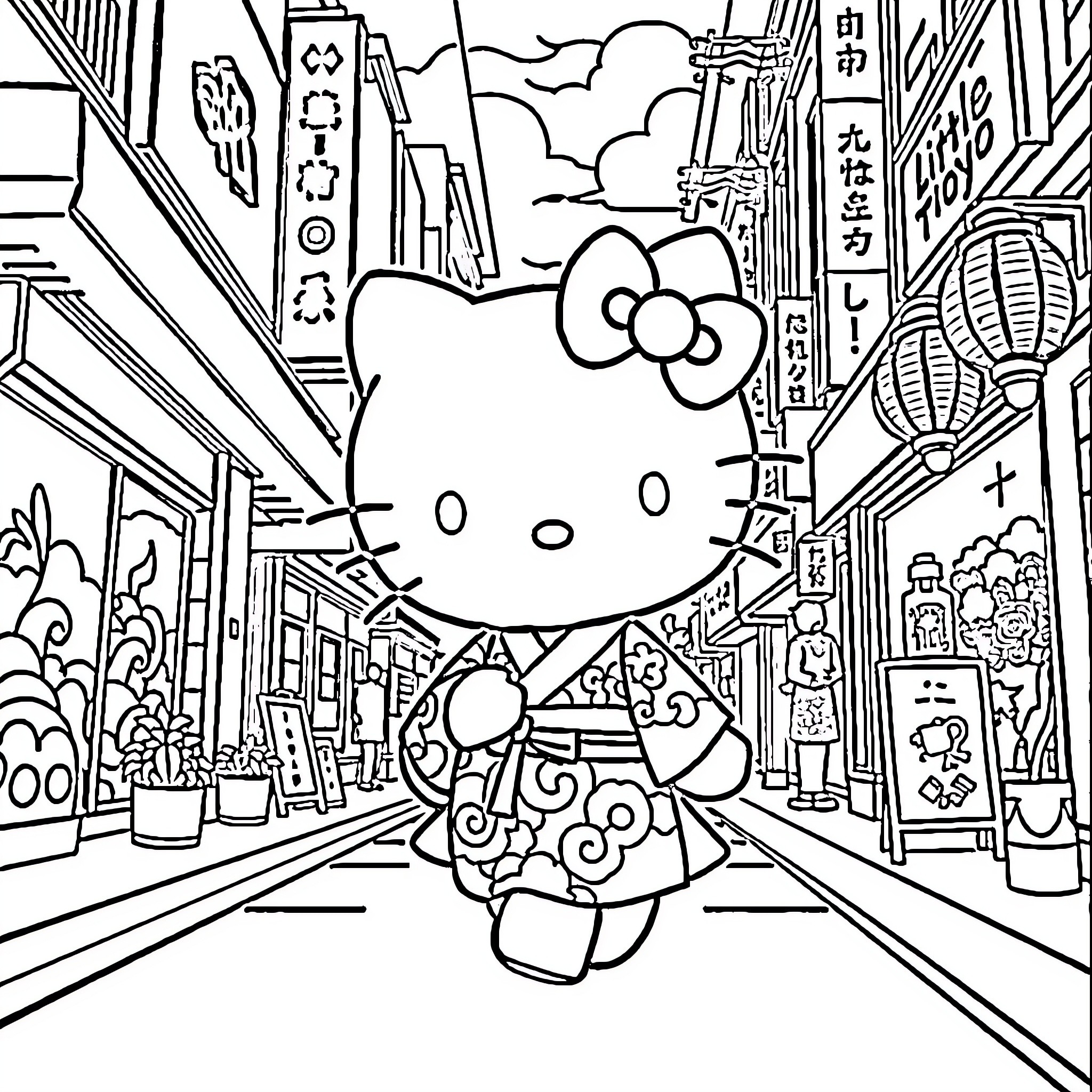 Hello Kitty Explores the Vibrant City Streets Coloring Page (free black-and-white line drawing printable PDF for all, from beginners to advanced learners, including children, teens, adults, and seniors)