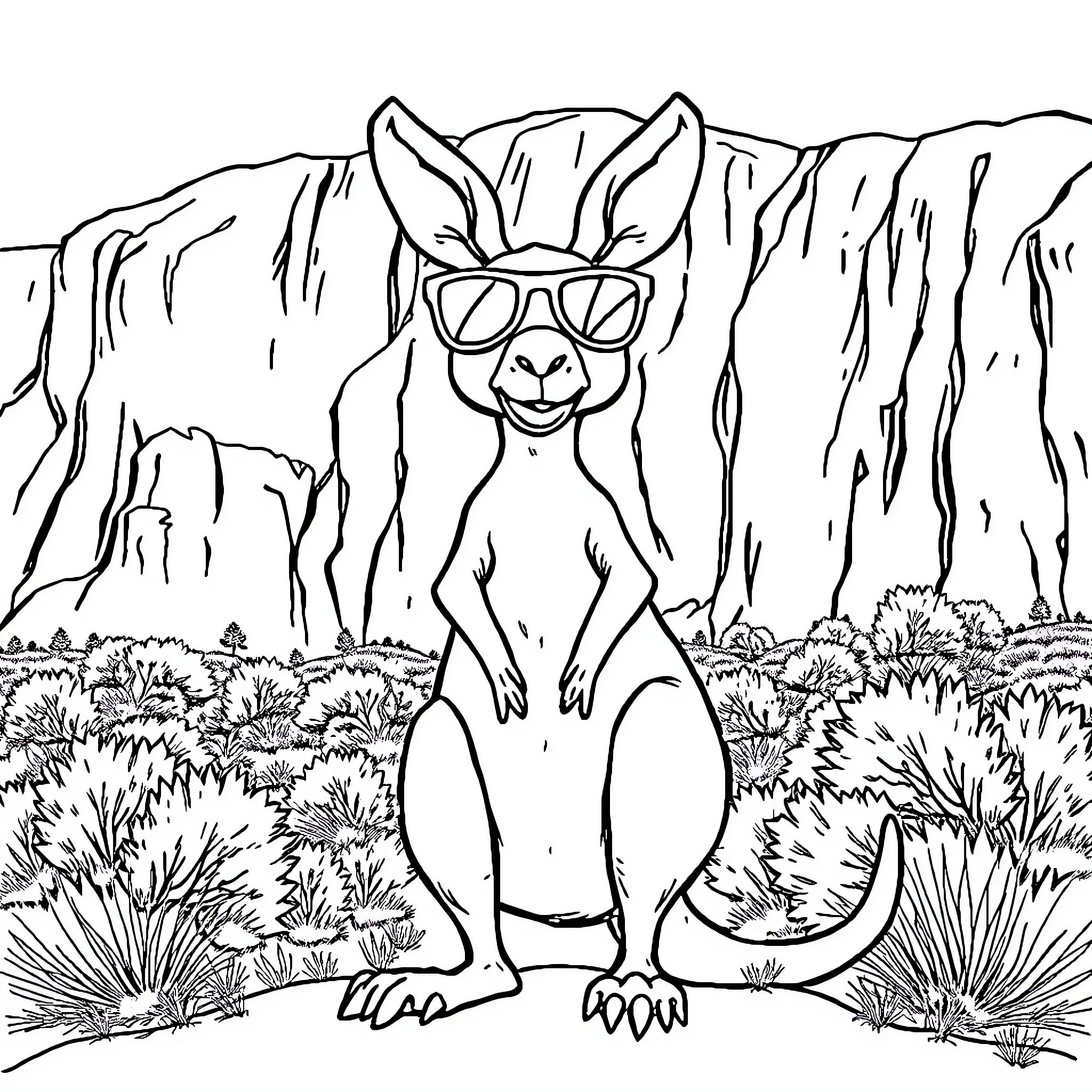 Kangaroo wearing sunglasses in a natural landscape Coloring Page (free black-and-white line drawing printable PDF for all, from beginners to advanced learners, including children, teens, adults, and seniors)