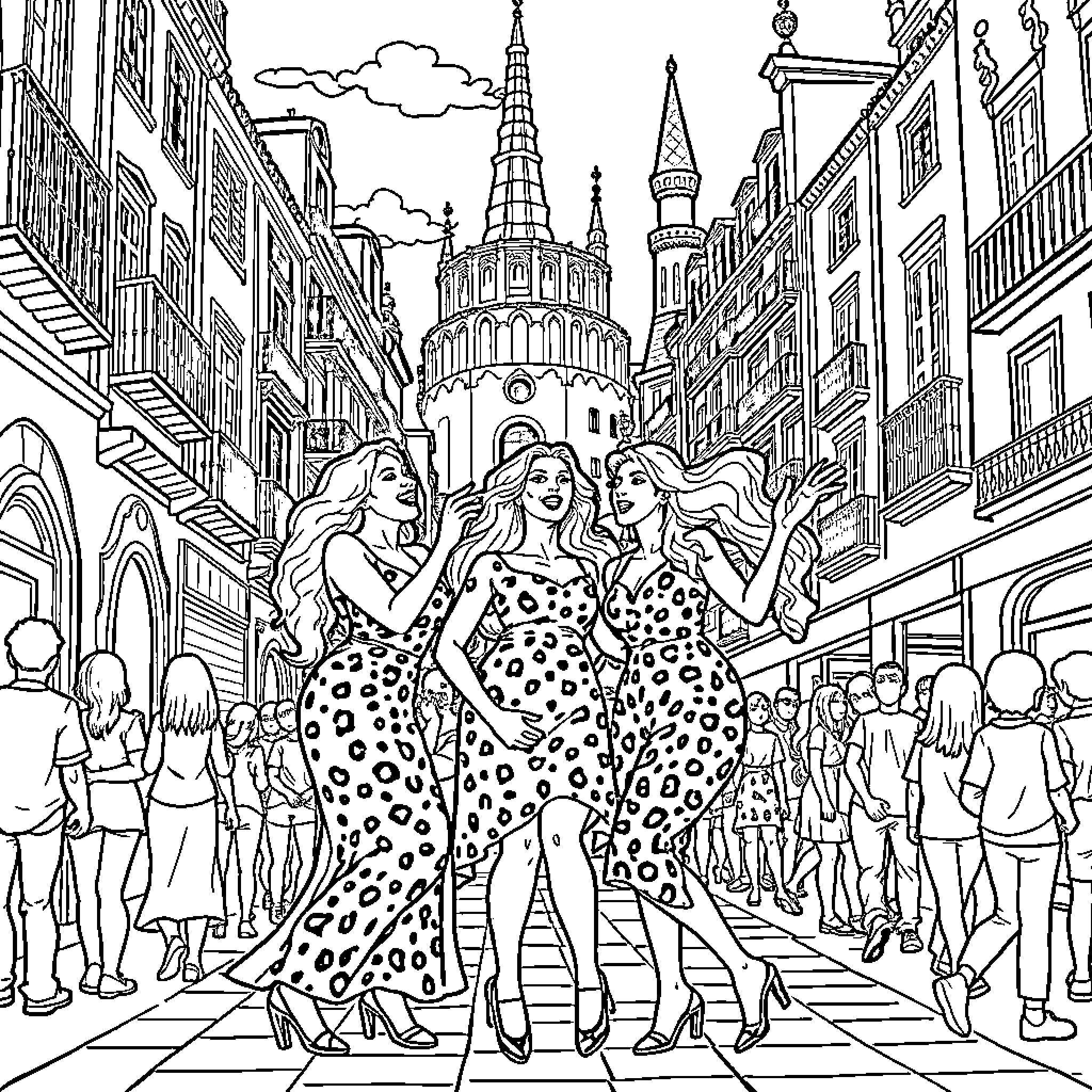 Cheetah-inspired fashion models strolling in the city Coloring Page (free black-and-white line drawing printable PDF for all, from beginners to advanced learners, including children, teens, adults, and seniors)