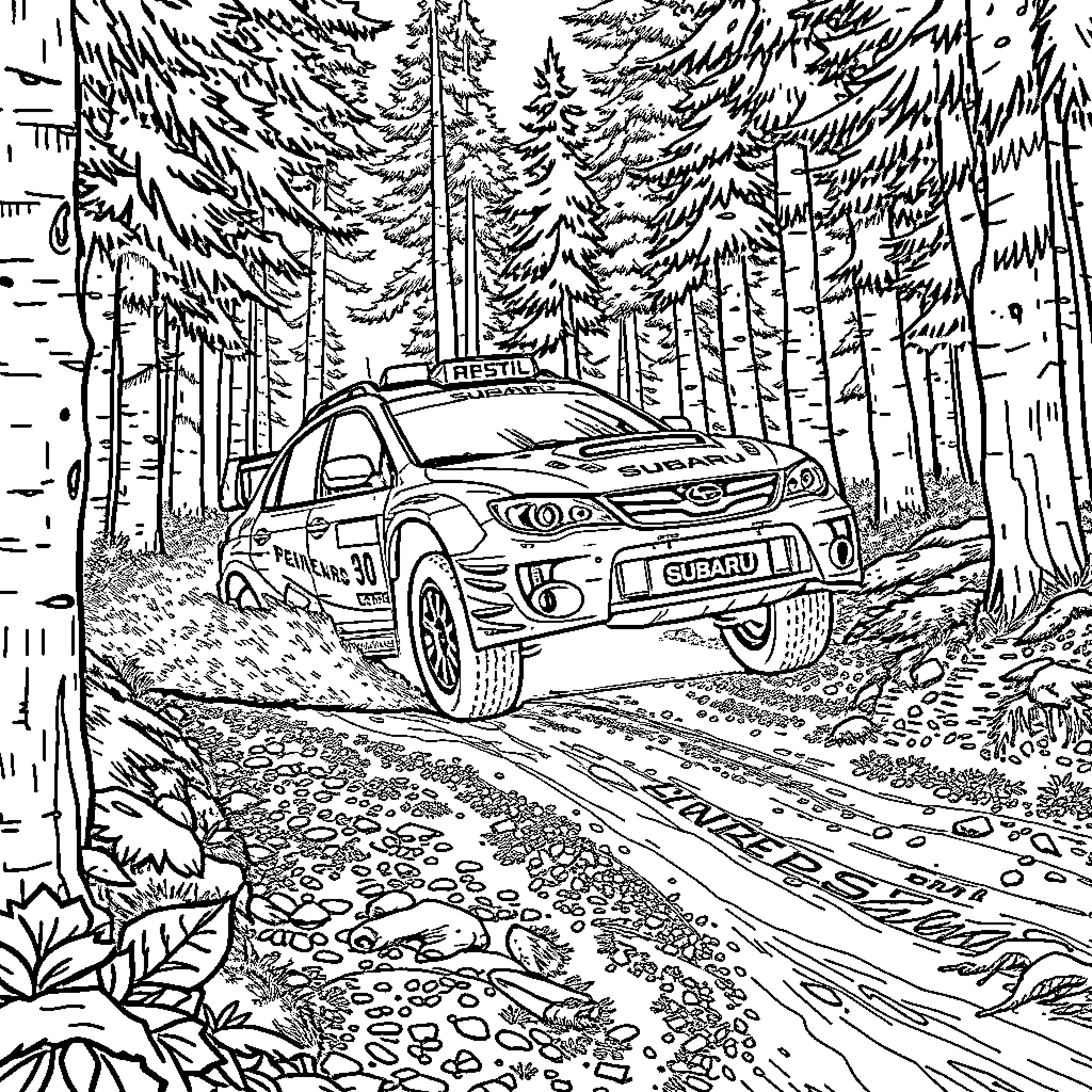 Subaru rally car racing through the forest Coloring Page (free black-and-white line drawing printable PDF for all, from beginners to advanced learners, including children, teens, adults, and seniors)