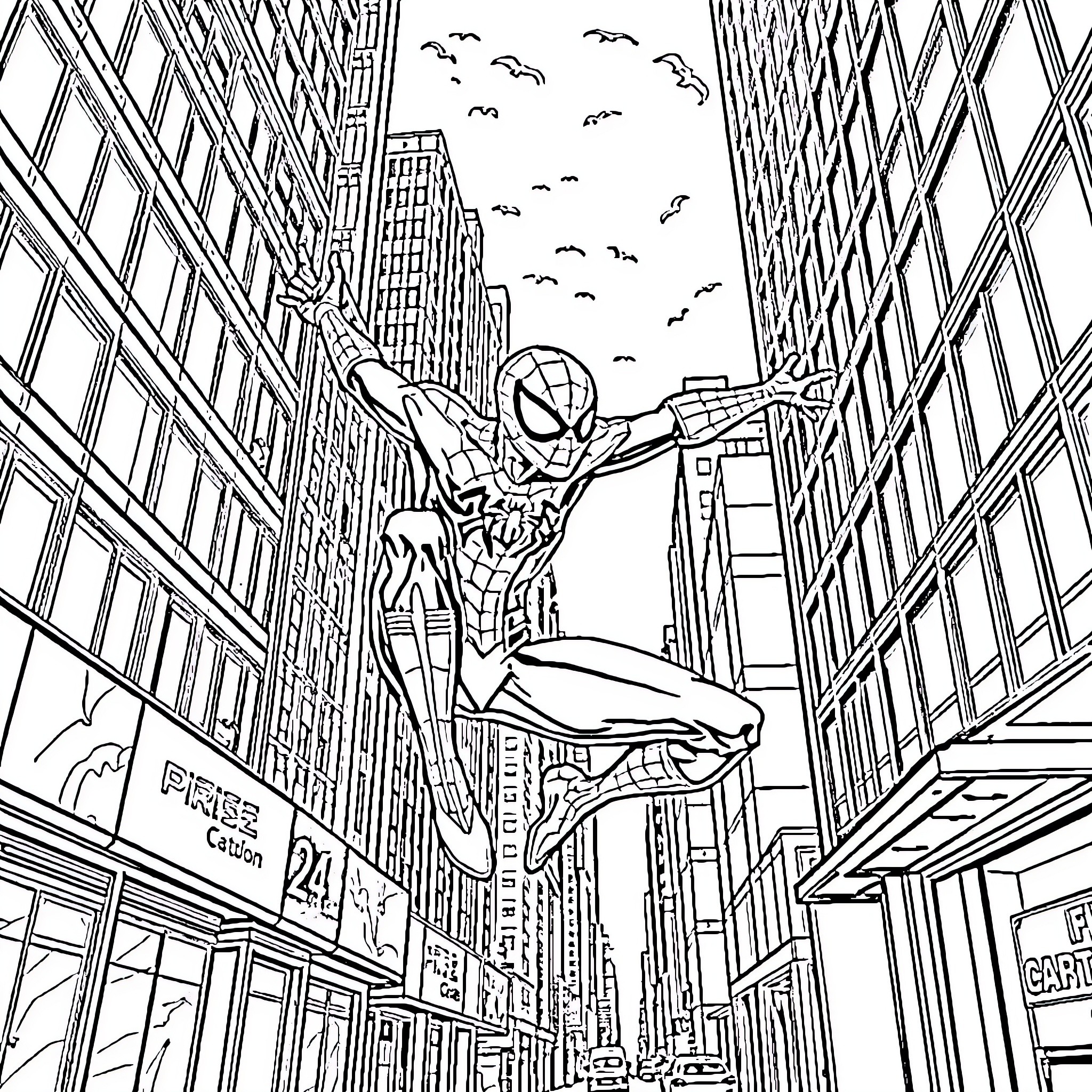 Spider-Man swinging through the city skyline Coloring Page (free black-and-white line drawing printable PDF for all, from beginners to advanced learners, including children, teens, adults, and seniors)