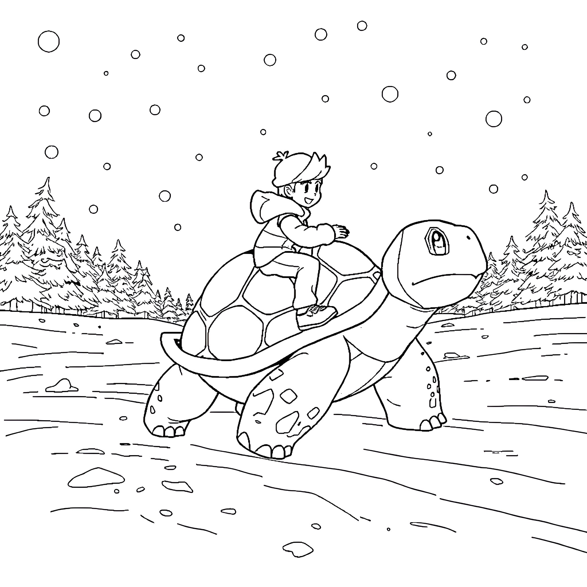 Leon's Winter Adventure on a Turtle Coloring Page (free black-and-white line drawing printable PDF for all, from beginners to advanced learners, including children, teens, adults, and seniors)