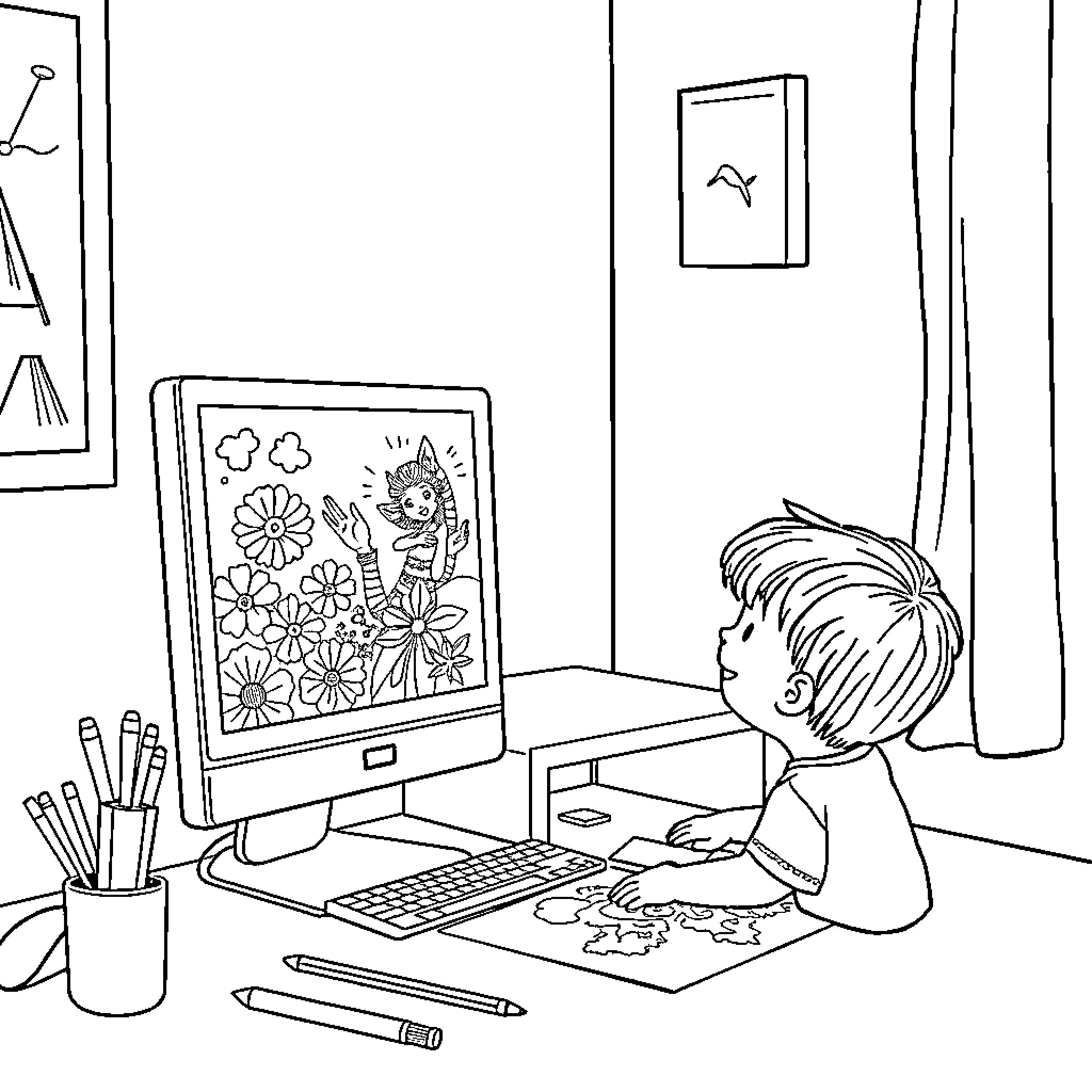 Computer Displaying Floral Artwork with Boy Coloring Coloring Page (free black-and-white line drawing printable PDF for all, from beginners to advanced learners, including children, teens, adults, and seniors)