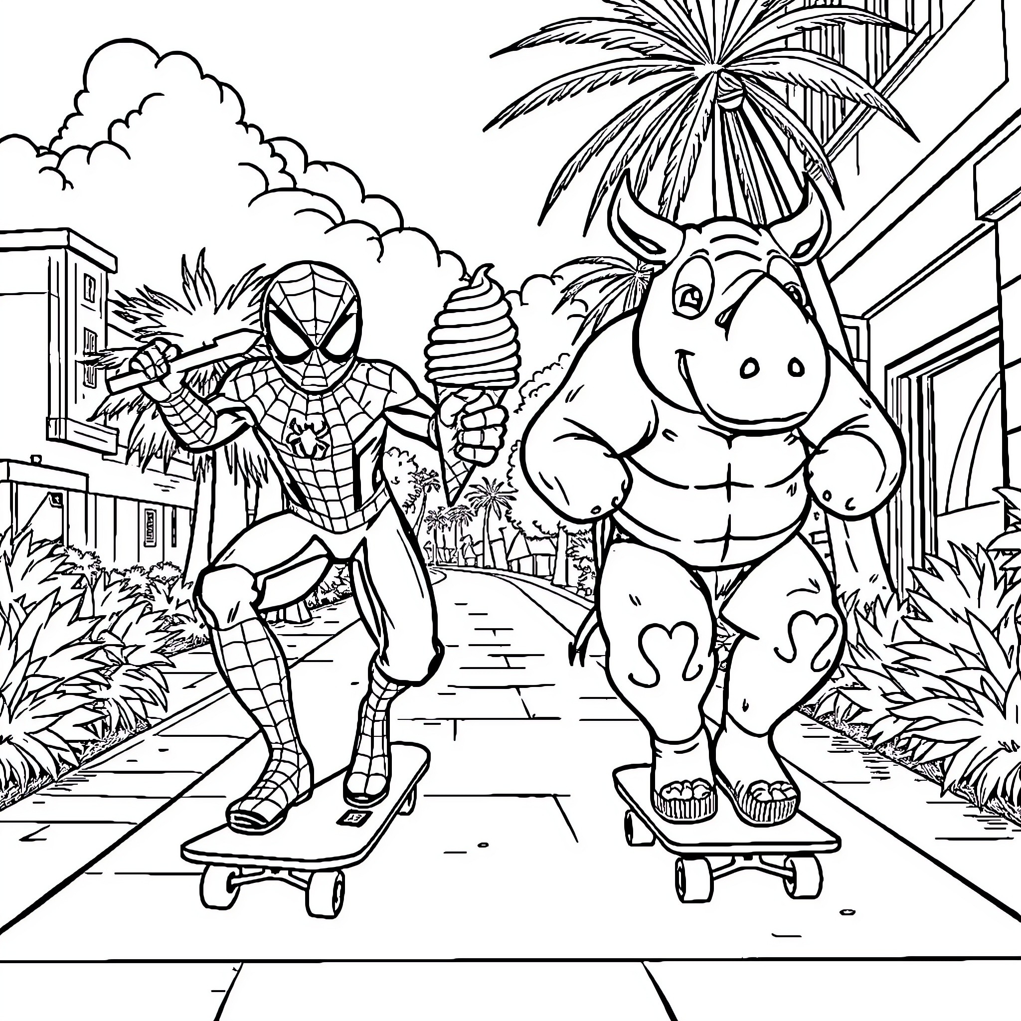 Spiderman and a cartoon animal on skateboards in a city Coloring Page (free black-and-white line drawing printable PDF for all, from beginners to advanced learners, including children, teens, adults, and seniors)