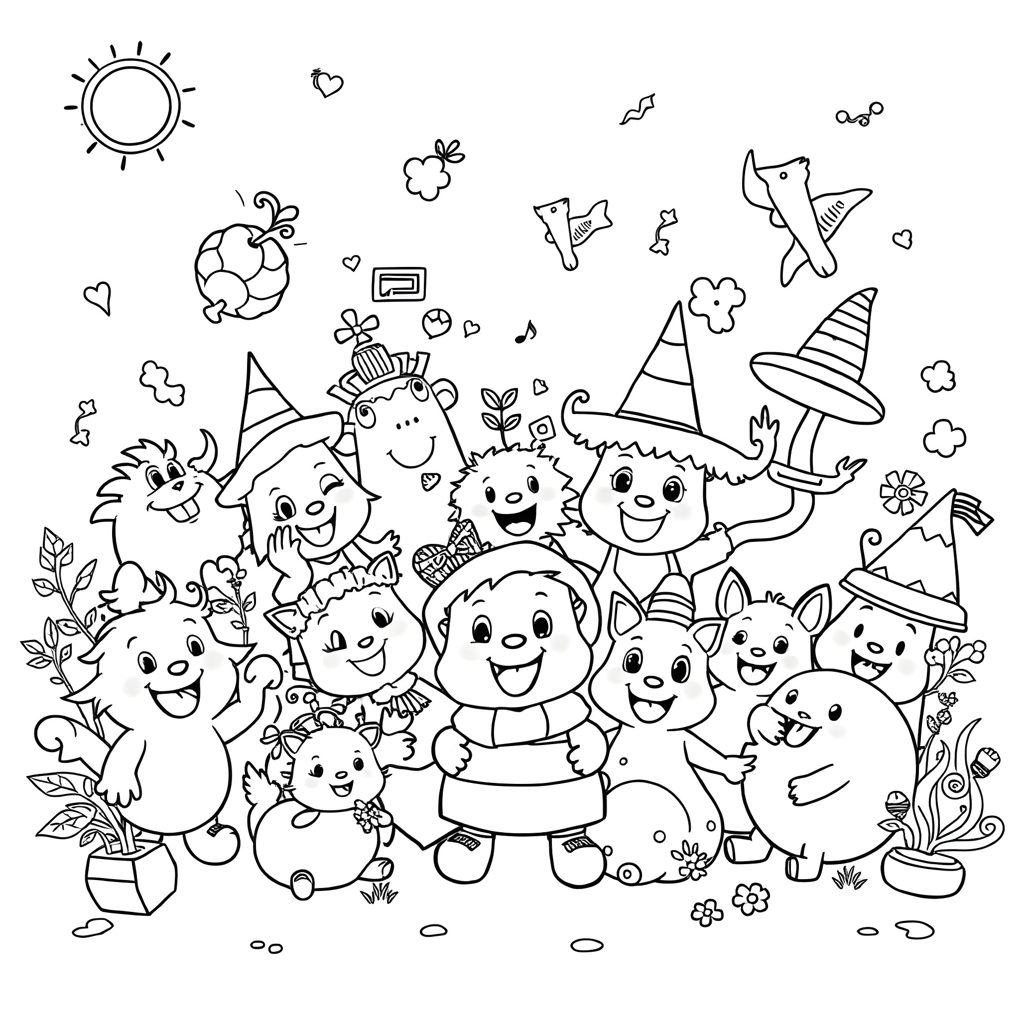 Cartoon Characters Celebrating Together in a Festive Scene Coloring Page (free black-and-white line drawing printable PDF for all, from beginners to advanced learners, including children, teens, adults, and seniors)