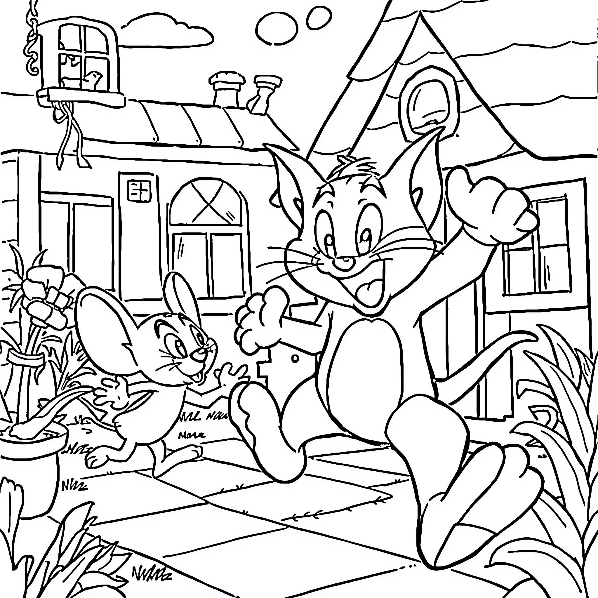 Tom and Jerry playing outdoors with house in the background Coloring Page (free black-and-white line drawing printable PDF for all, from beginners to advanced learners, including children, teens, adults, and seniors)