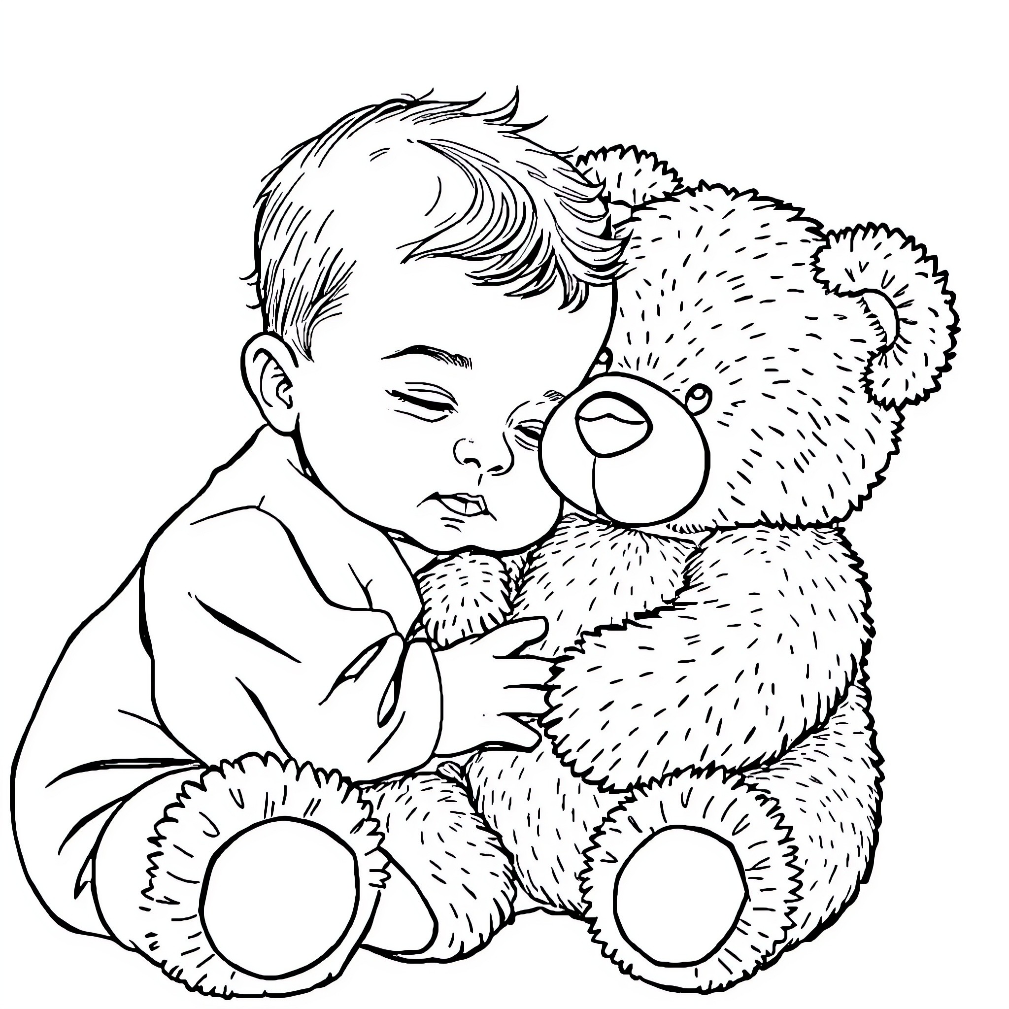 Baby Cuddling a Soft Teddy Bear Coloring Page (free black-and-white line drawing printable PDF for all, from beginners to advanced learners, including children, teens, adults, and seniors)