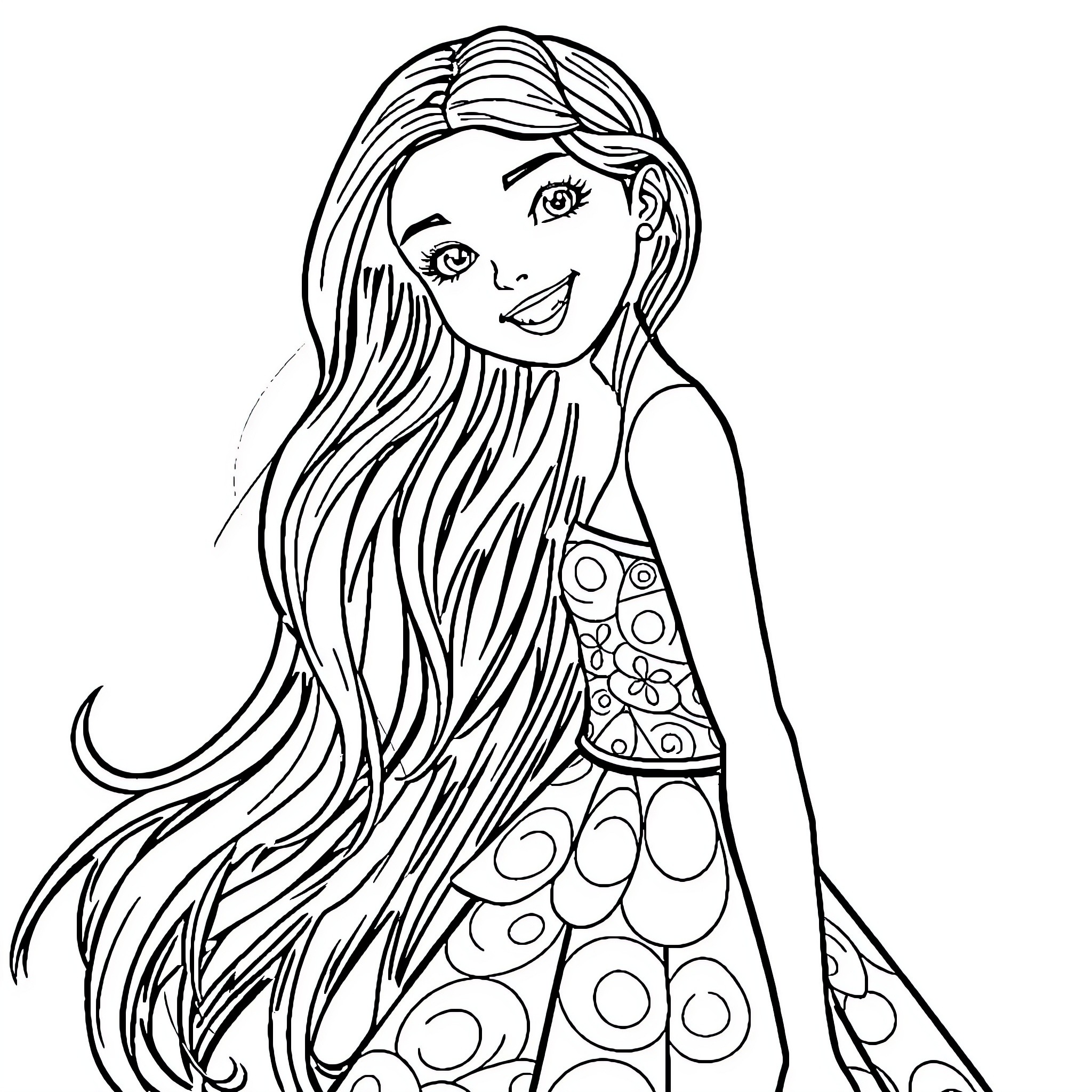 Girl with long flowing hair and patterned dress Coloring Page (free black-and-white line drawing printable PDF for all, from beginners to advanced learners, including children, teens, adults, and seniors)
