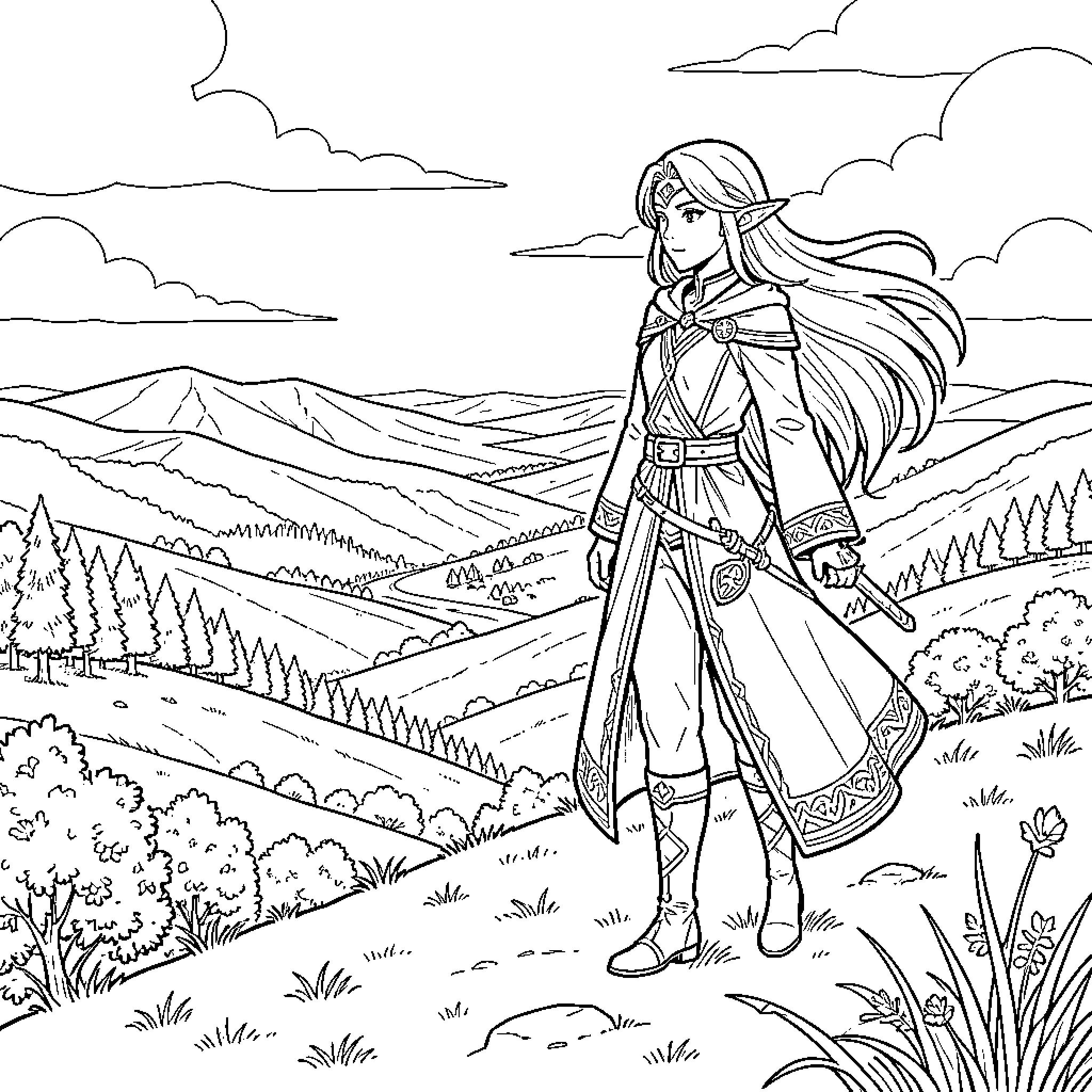 Frieren exploring the serene mountainous landscape Coloring Page (free black-and-white line drawing printable PDF for all, from beginners to advanced learners, including children, teens, adults, and seniors)