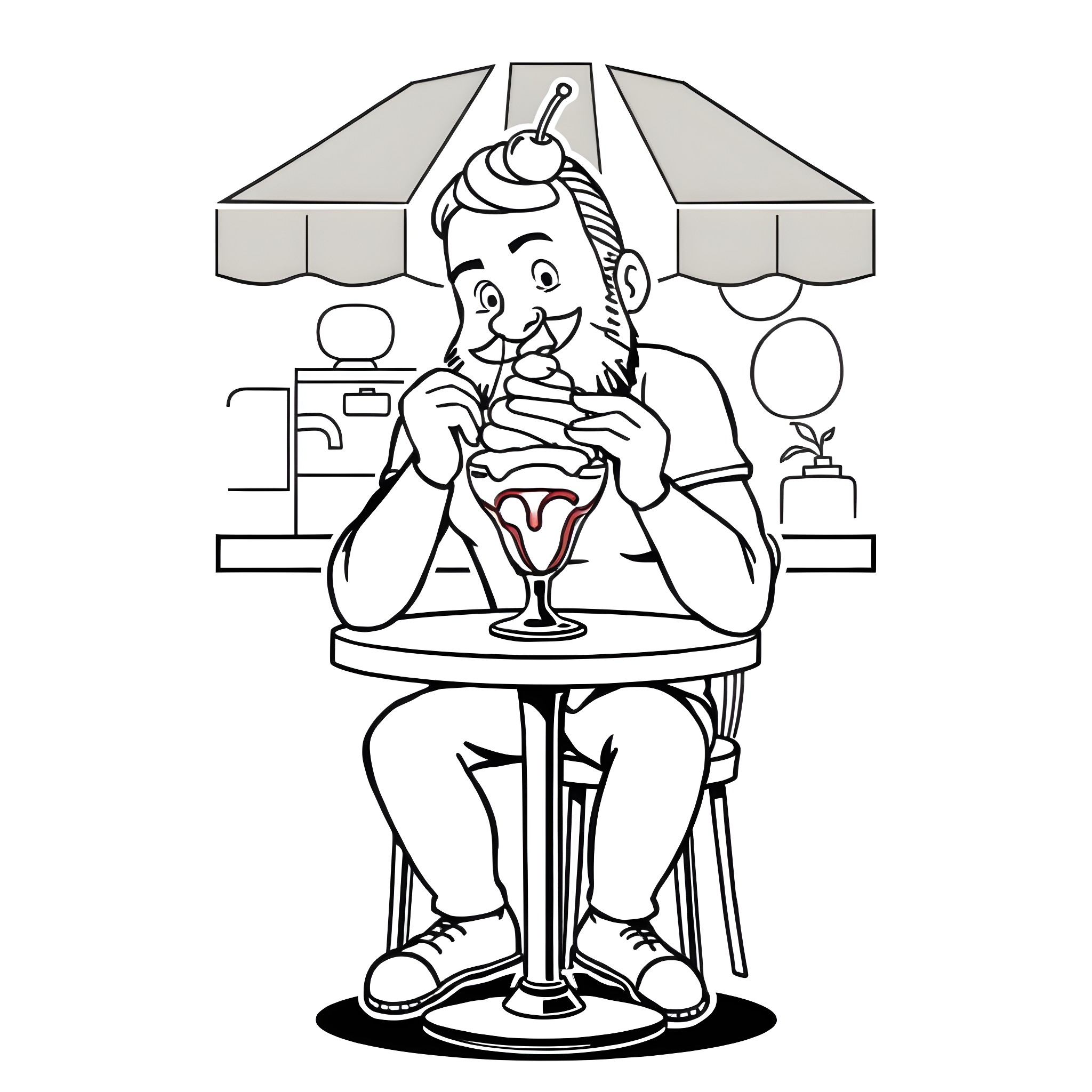 Triple H Enjoys Delightful Treat at Diner Coloring Page (free black-and-white line drawing printable PDF for all, from beginners to advanced learners, including children, teens, adults, and seniors)
