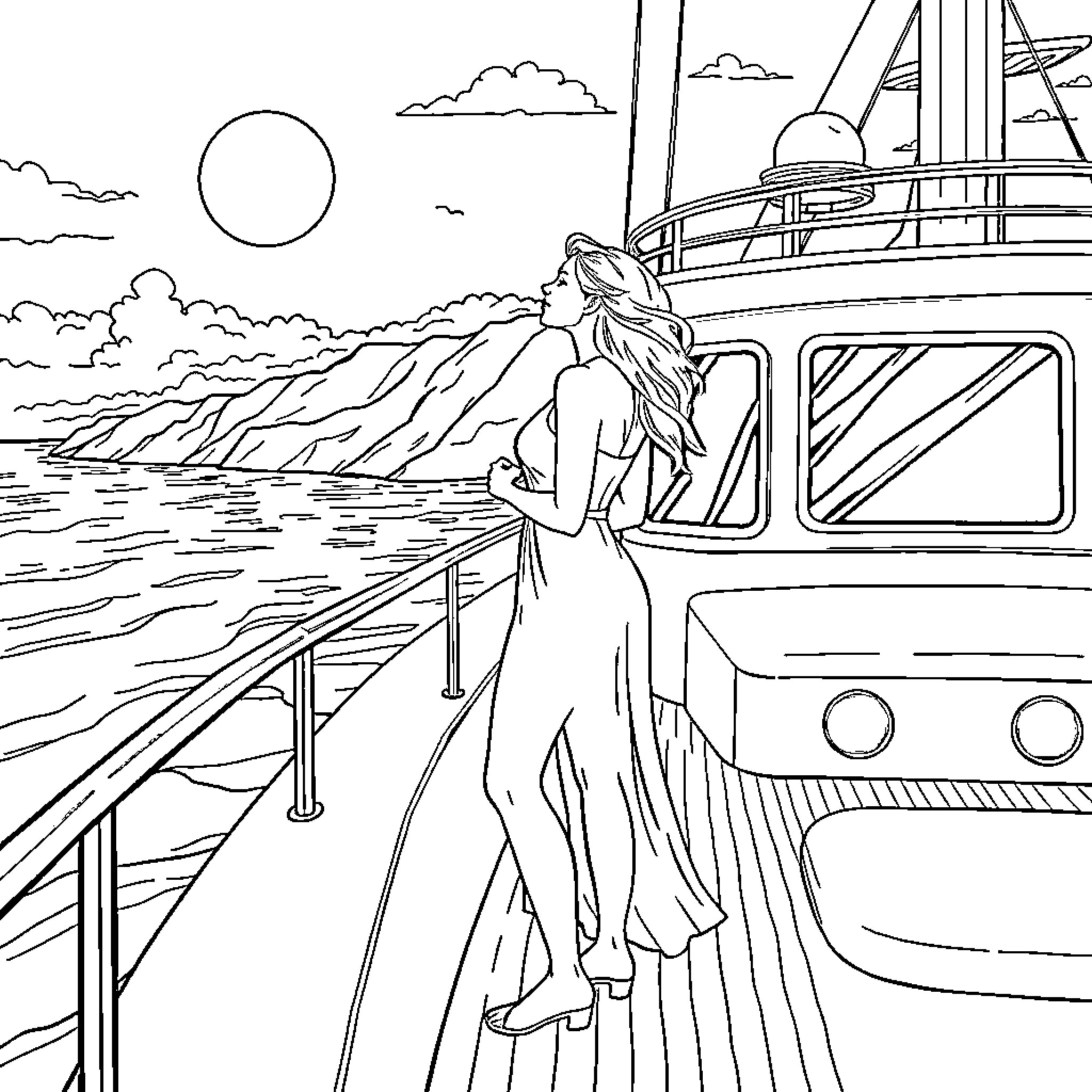 Angela White enjoying a scenic cruise on the open sea Coloring Page (free black-and-white line drawing printable PDF for all, from beginners to advanced learners, including children, teens, adults, and seniors)