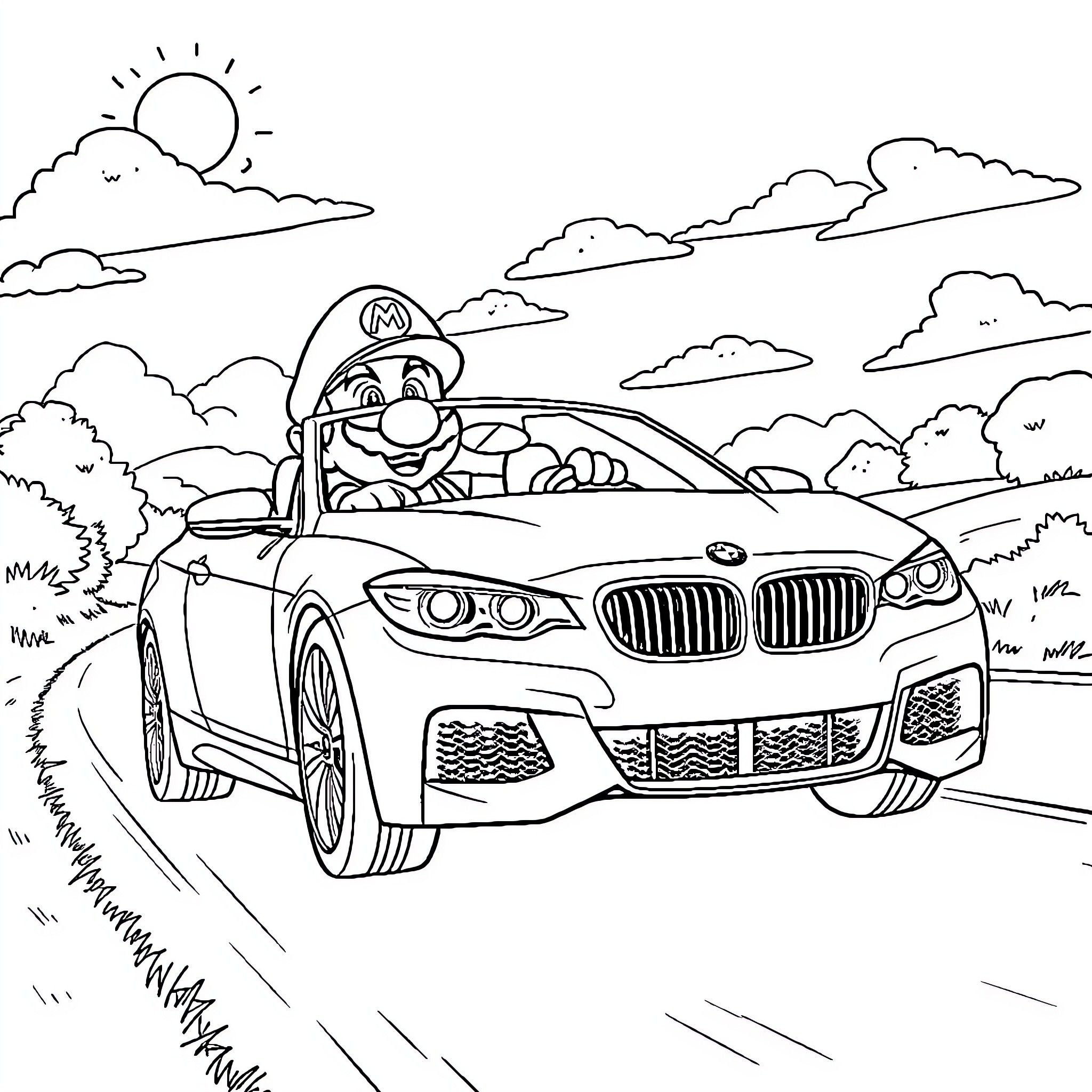 Mario Driving Luxury Sports Car on Countryside Road Coloring Page (free black-and-white line drawing printable PDF for all, from beginners to advanced learners, including children, teens, adults, and seniors)