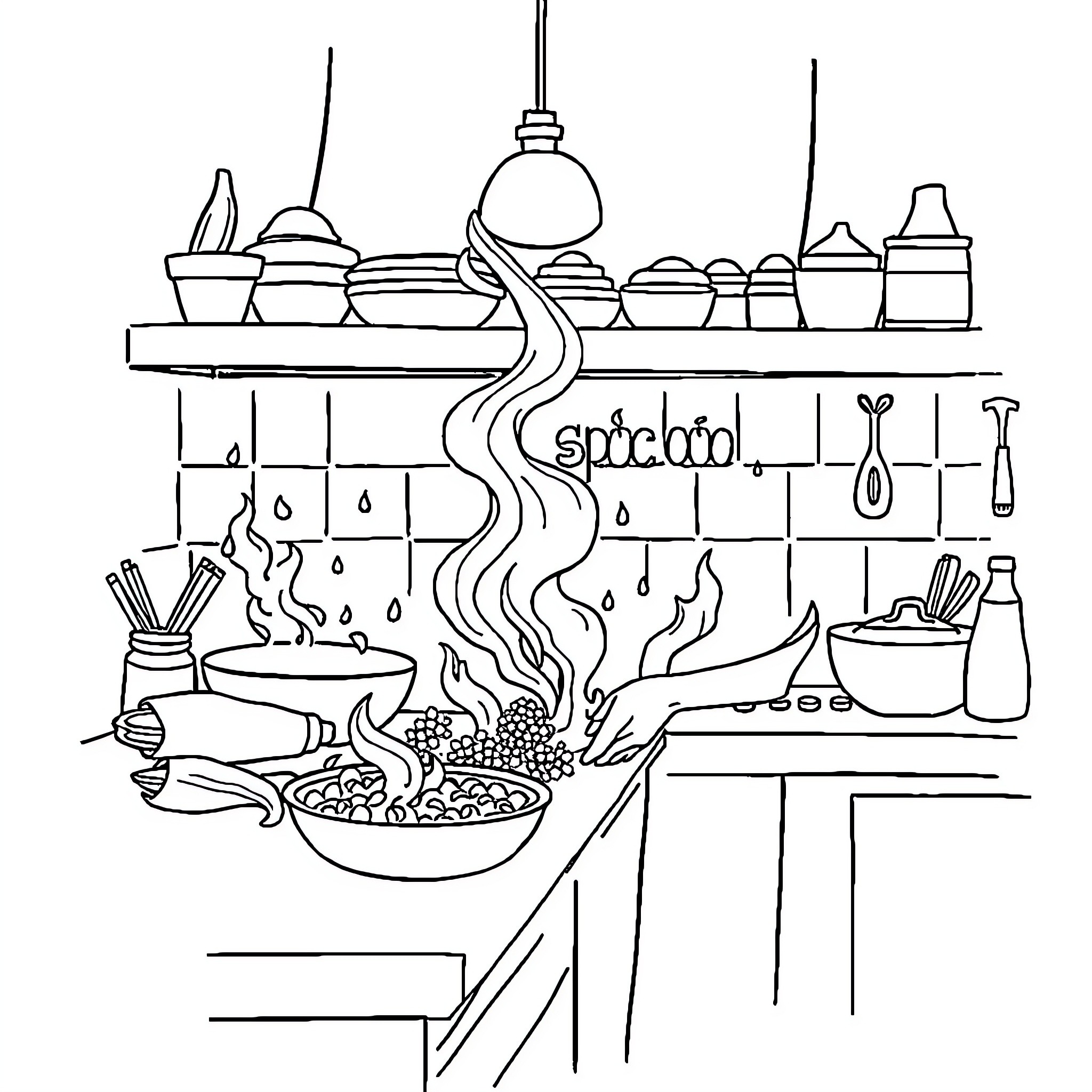 Cooking with kitchen utensils and appliances Coloring Page (free black-and-white line drawing printable PDF for all, from beginners to advanced learners, including children, teens, adults, and seniors)