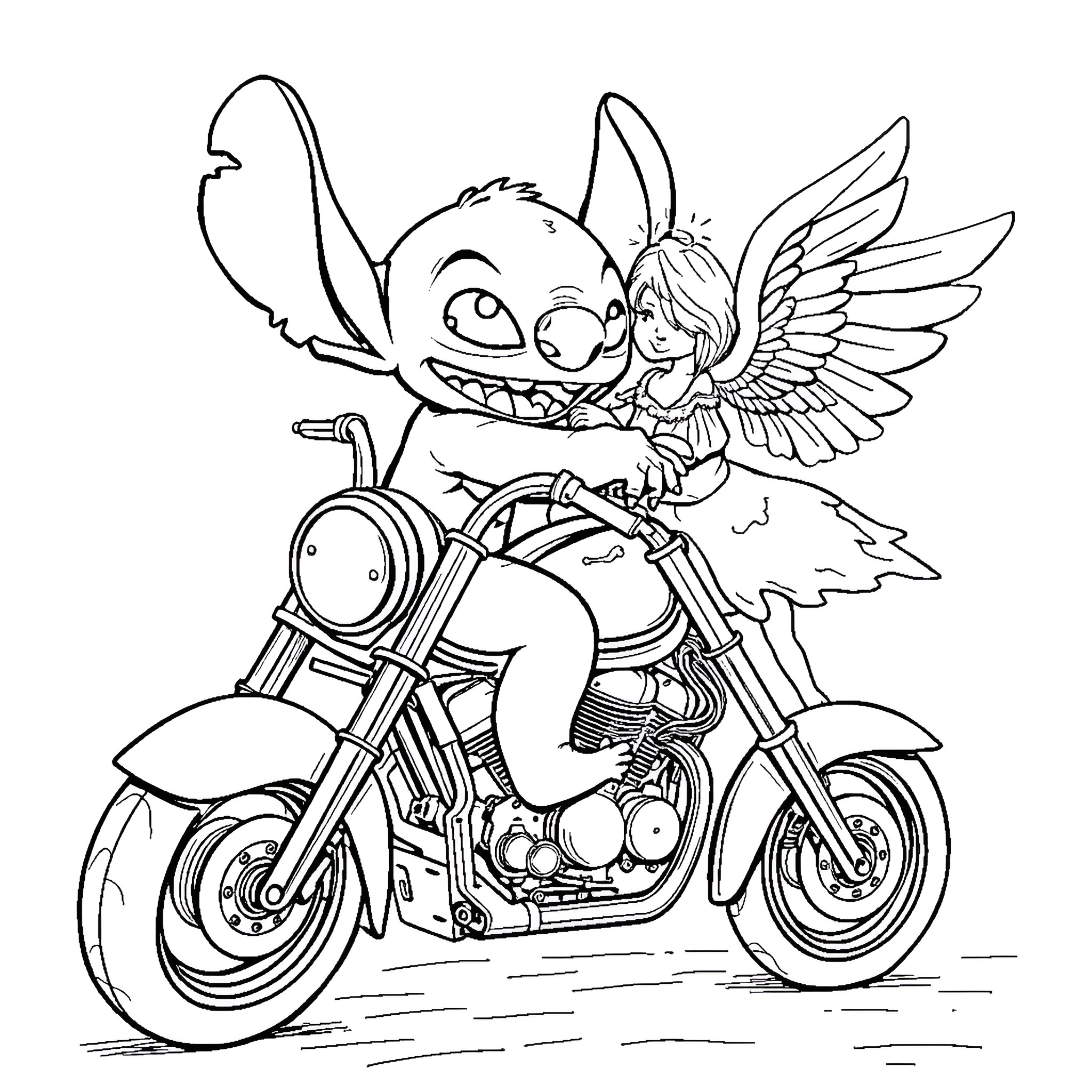 Stitch riding a motorcycle with a fairy companion Coloring Page (free black-and-white line drawing printable PDF for all, from beginners to advanced learners, including children, teens, adults, and seniors)