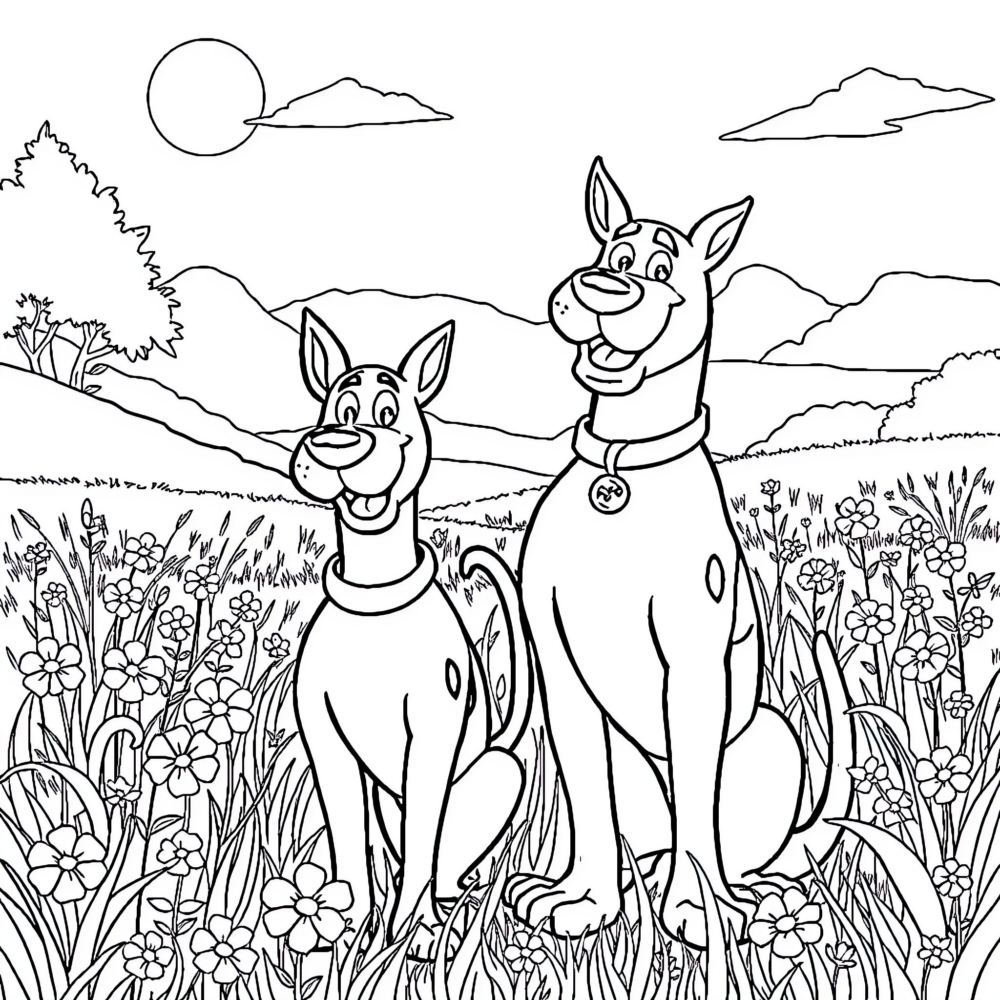 Scooby Doo and friends explore the great outdoors Coloring Page (free black-and-white line drawing printable PDF for all, from beginners to advanced learners, including children, teens, adults, and seniors)
