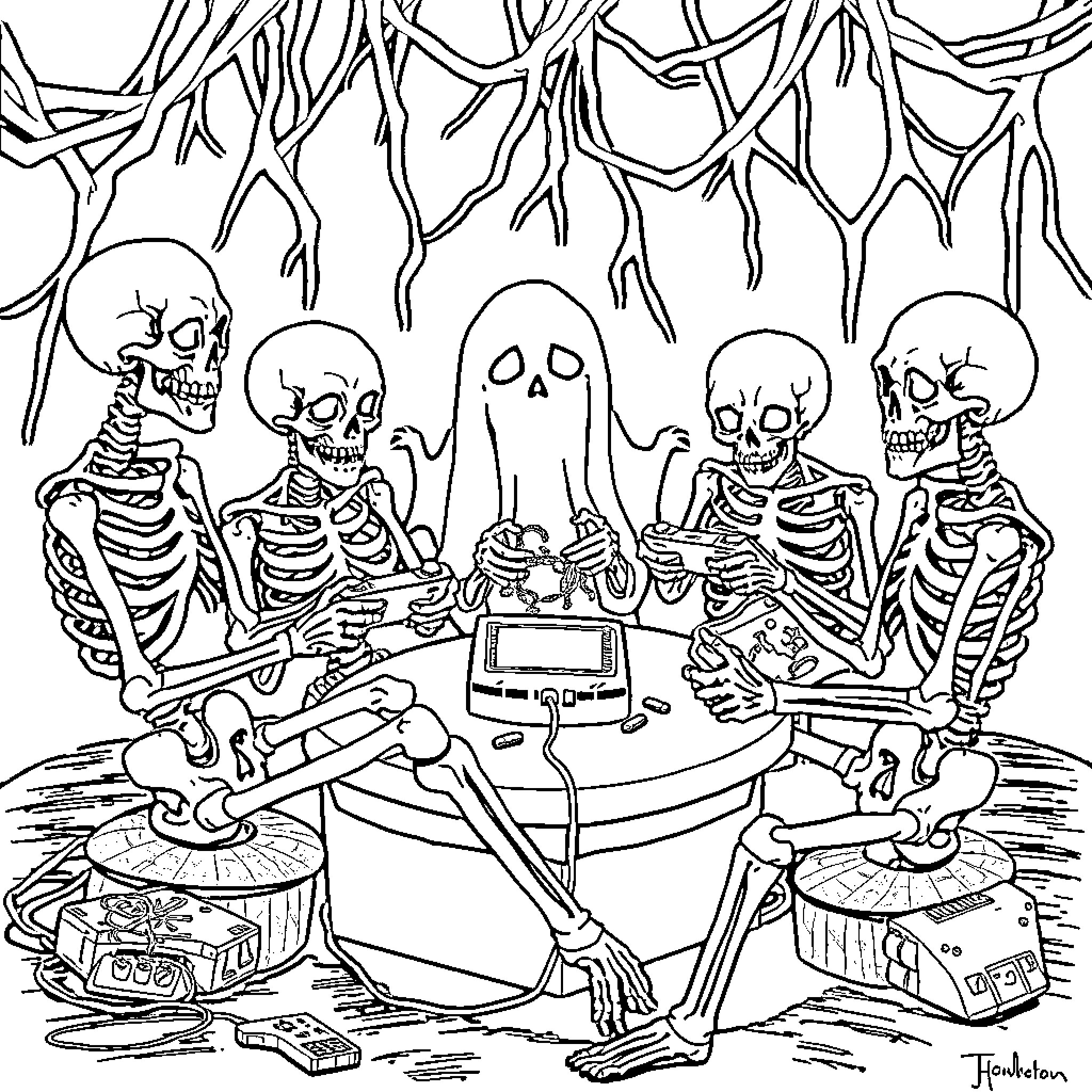 Skeleton Halloween Party in the Haunted Forest Coloring Page (free black-and-white line drawing printable PDF for all, from beginners to advanced learners, including children, teens, adults, and seniors)
