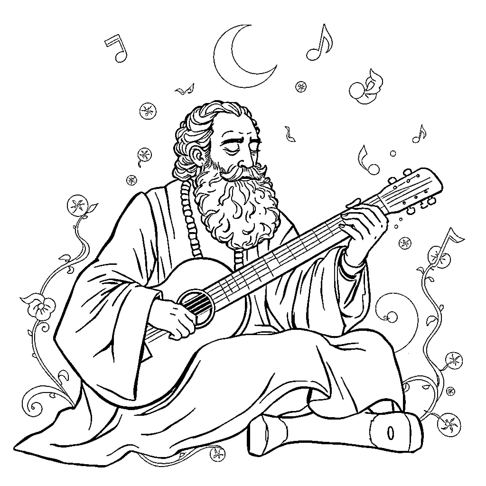 Rumi the Poet Plays Guitar under the Crescent Moon Coloring Page (free black-and-white line drawing printable PDF for all, from beginners to advanced learners, including children, teens, adults, and seniors)