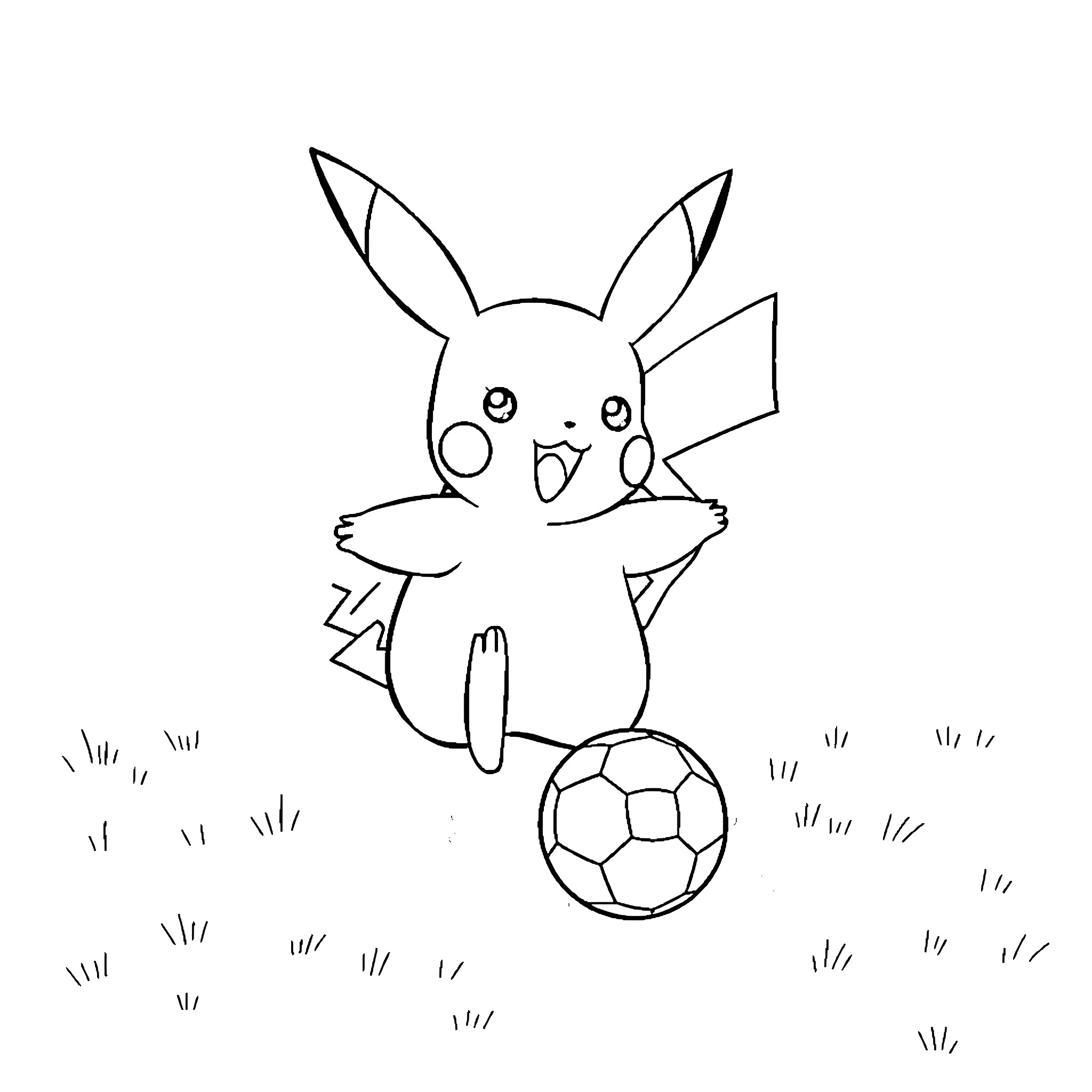Pikachu playing with a soccer ball Coloring Page (free black-and-white line drawing printable PDF for all, from beginners to advanced learners, including children, teens, adults, and seniors)