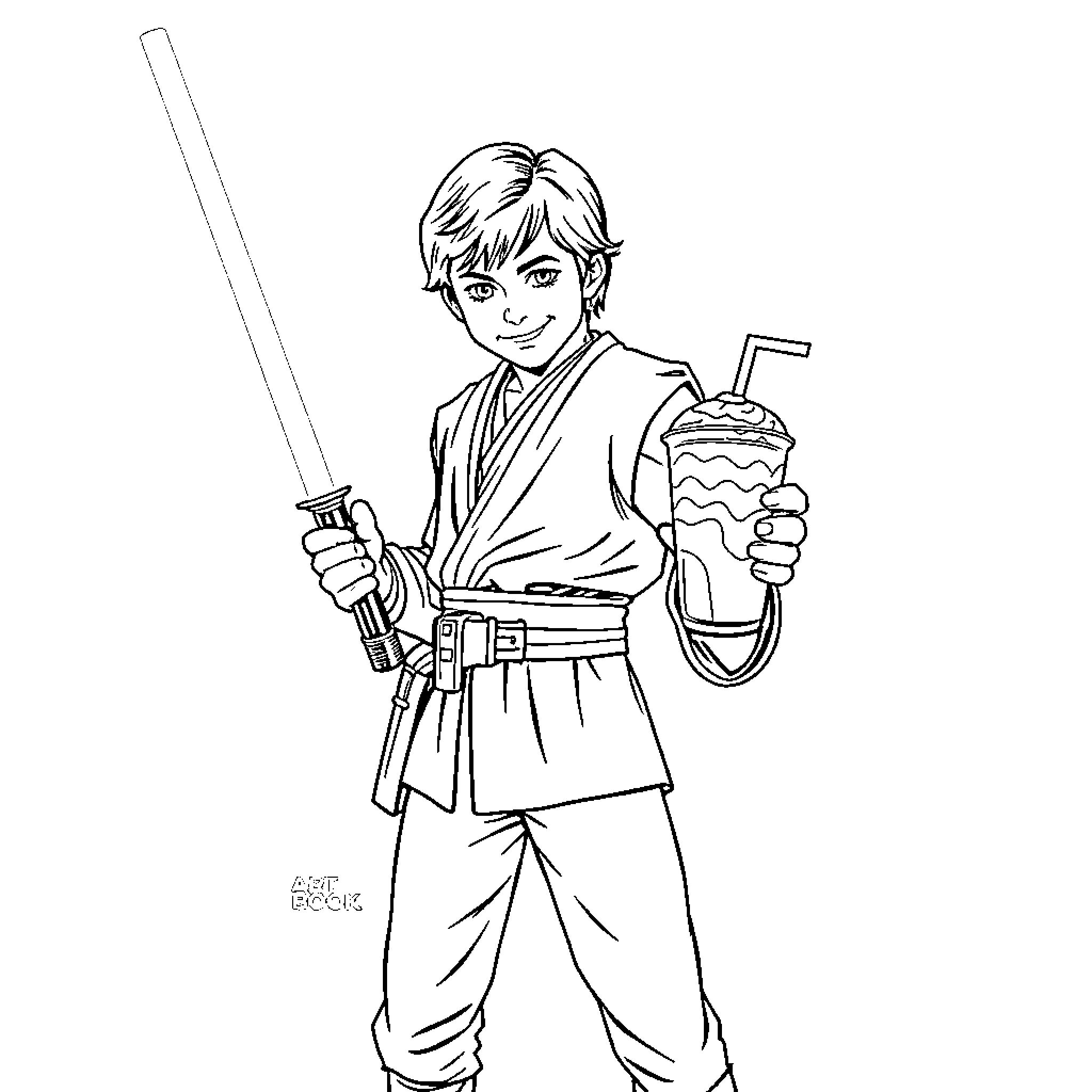 Luke Skywalker wielding a lightsaber and holding a beverage Coloring Page (free black-and-white line drawing printable PDF for all, from beginners to advanced learners, including children, teens, adults, and seniors)