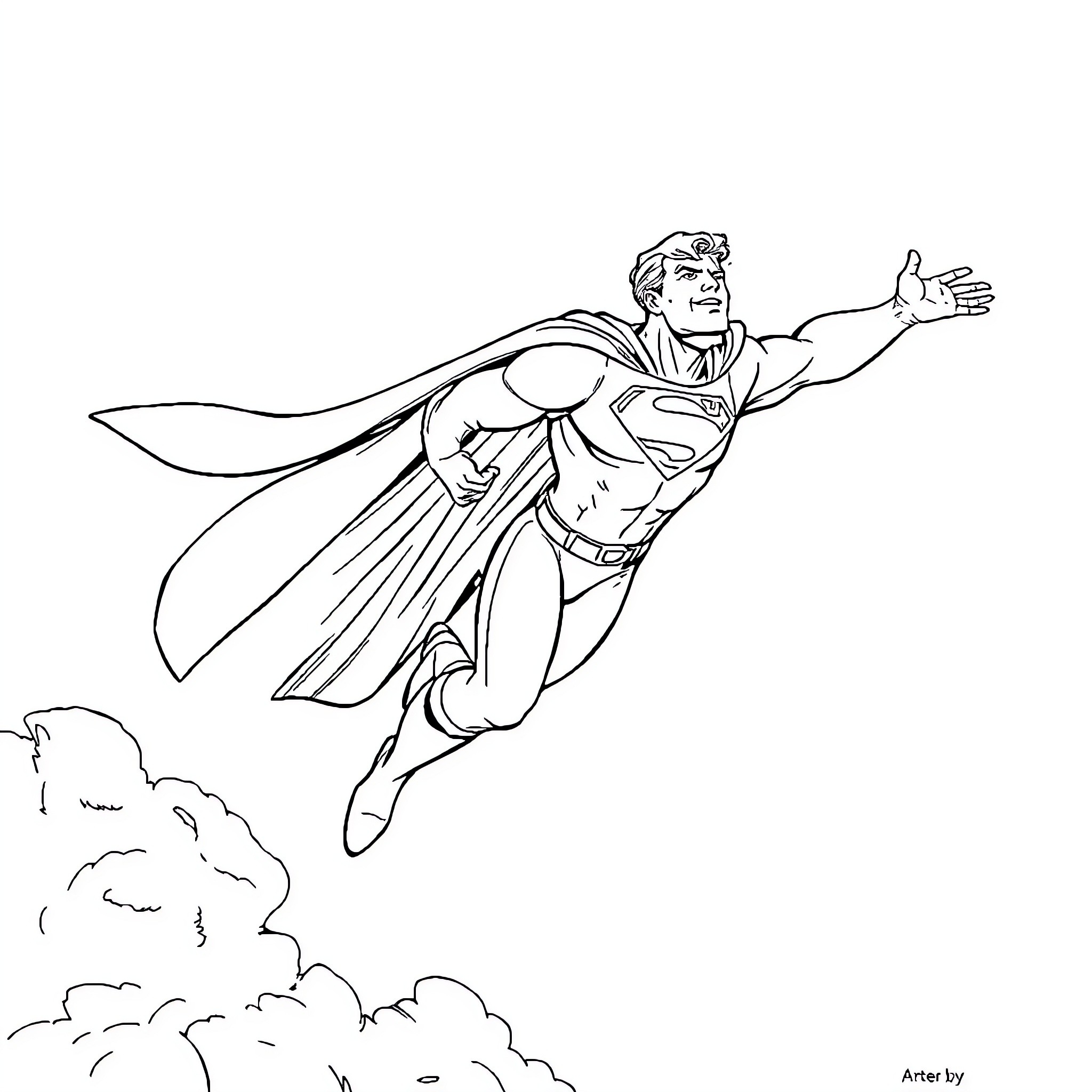 Superman flying through the clouds in action pose Coloring Page (free black-and-white line drawing printable PDF for all, from beginners to advanced learners, including children, teens, adults, and seniors)