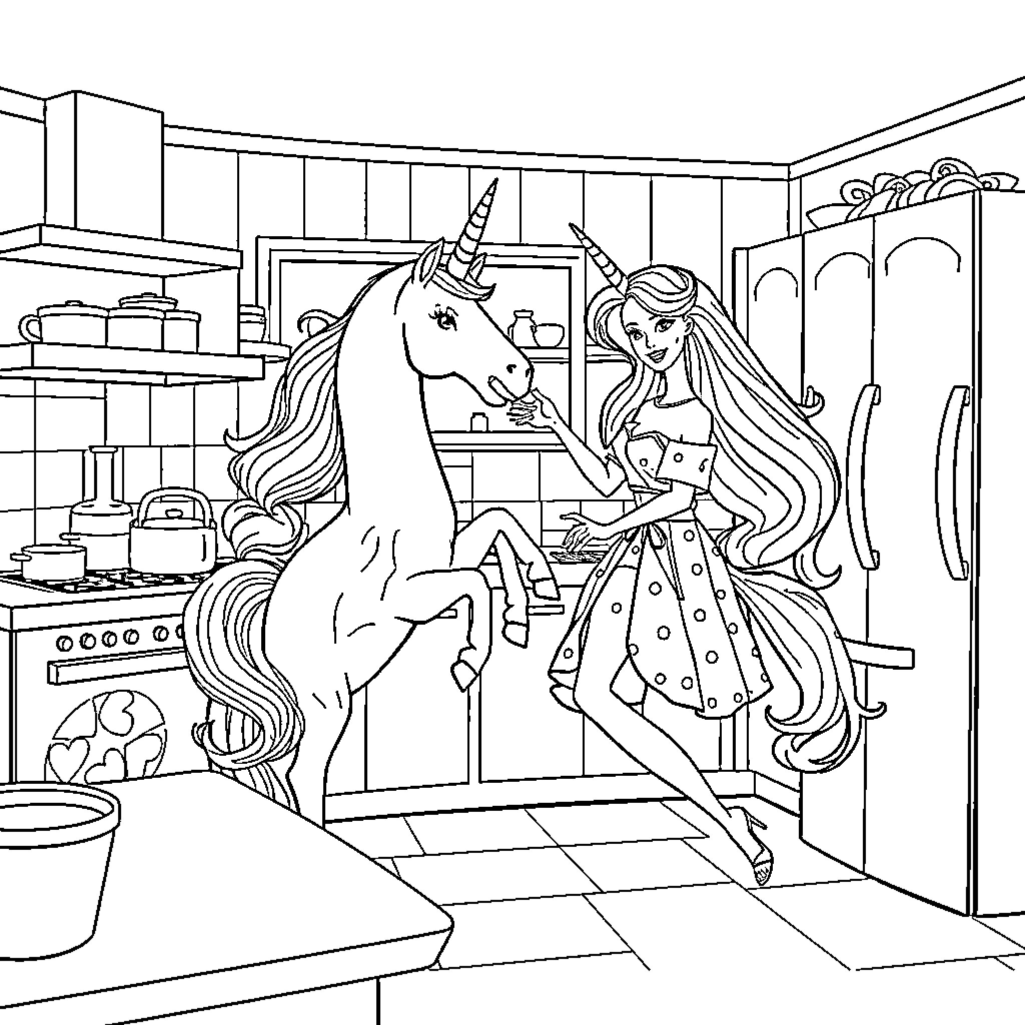 Barbie playing with unicorn in kitchen Coloring Page (free black-and-white line drawing printable PDF for all, from beginners to advanced learners, including children, teens, adults, and seniors)