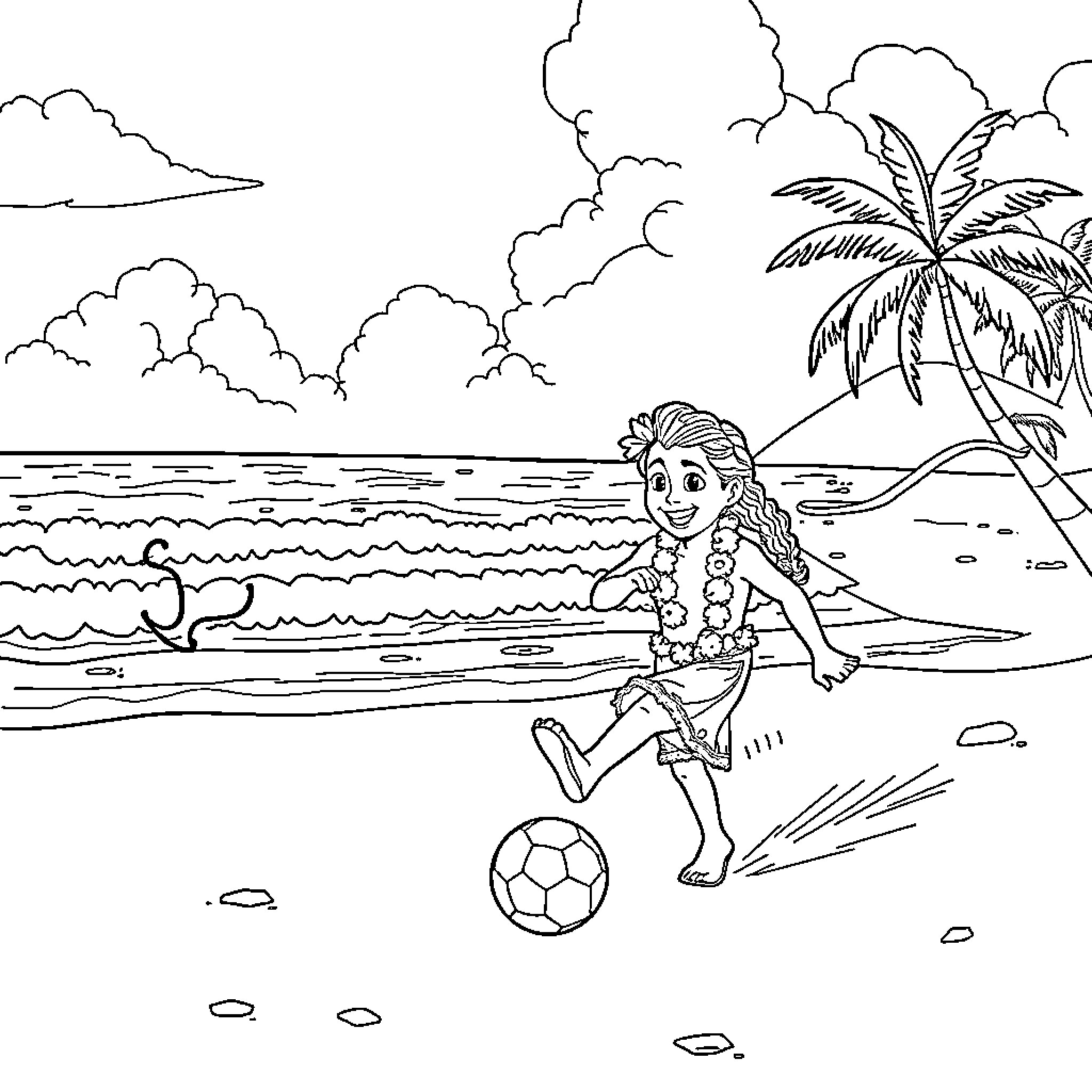 Moana playing soccer on the beach Coloring Page (free black-and-white line drawing printable PDF for all, from beginners to advanced learners, including children, teens, adults, and seniors)