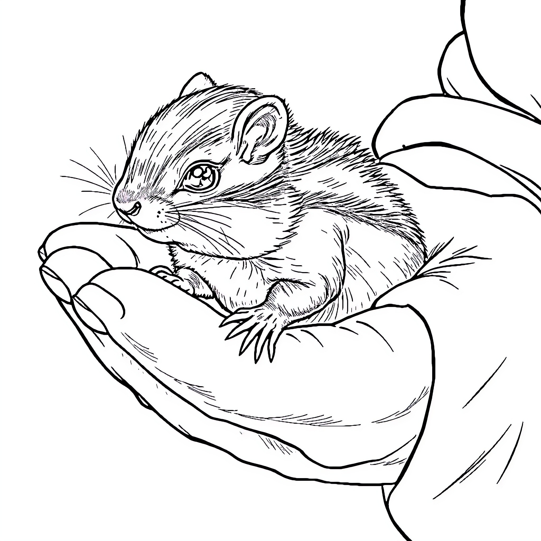 Chipmunk snuggling cozily in hands Coloring Page (free black-and-white line drawing printable PDF for all, from beginners to advanced learners, including children, teens, adults, and seniors)