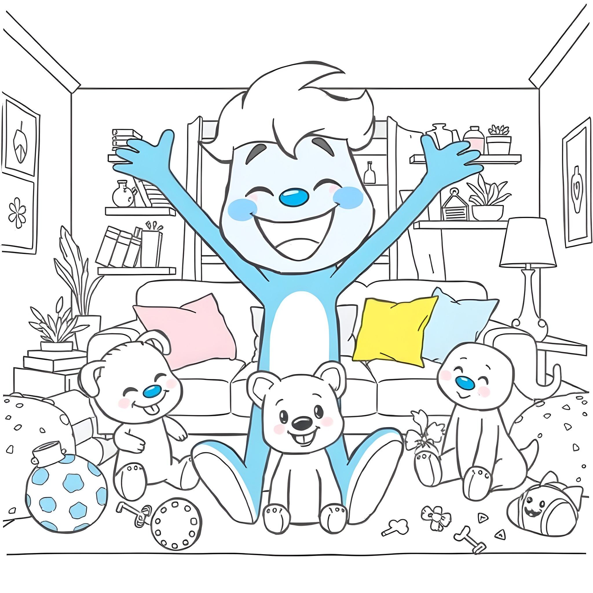 Bluey and friends playing happily together in the room Coloring Page (free black-and-white line drawing printable PDF for all, from beginners to advanced learners, including children, teens, adults, and seniors)