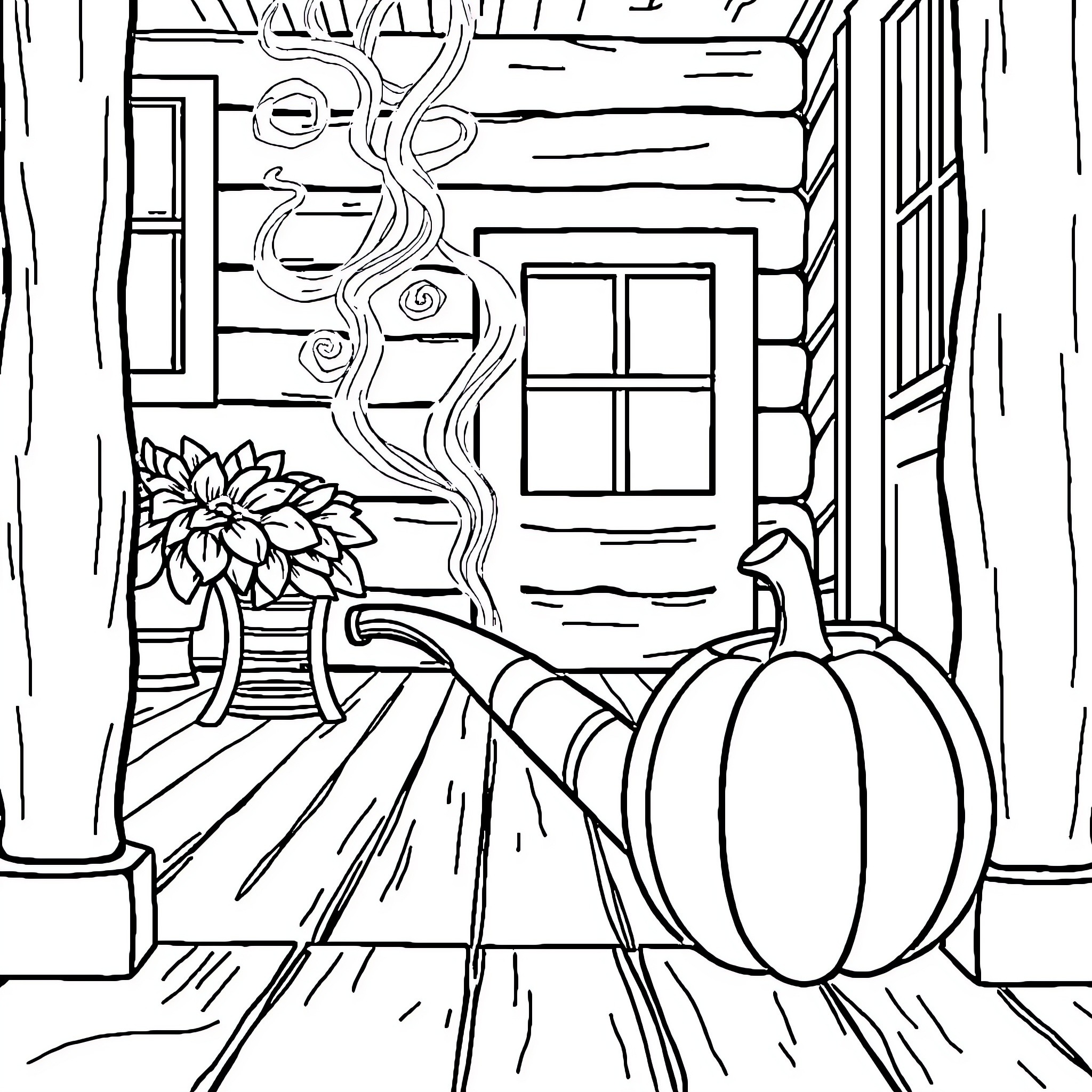Pumpkin on the Porch of a Cozy Cabin Coloring Page (free black-and-white line drawing printable PDF for all, from beginners to advanced learners, including children, teens, adults, and seniors)