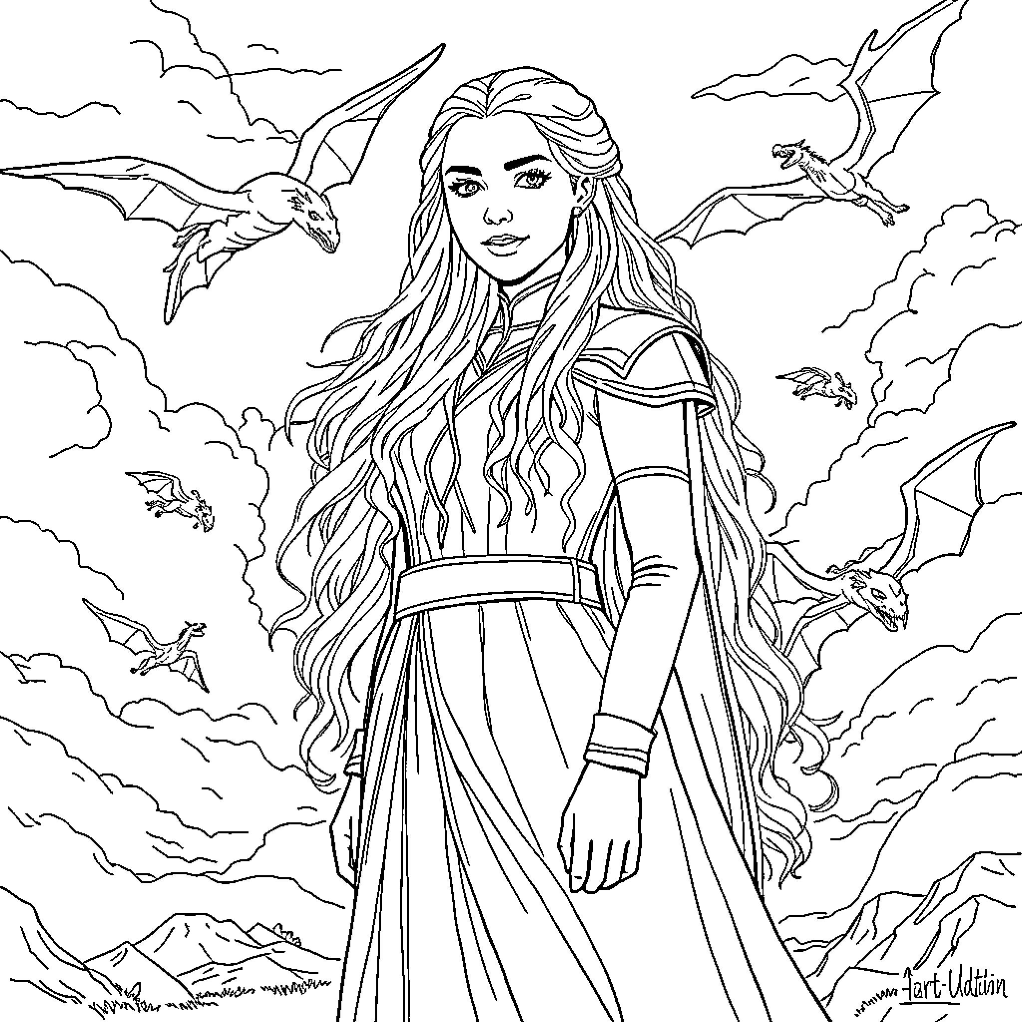 Daenerys Targaryen in a Powerful Pose with Dragons Coloring Page (free black-and-white line drawing printable PDF for all, from beginners to advanced learners, including children, teens, adults, and seniors)