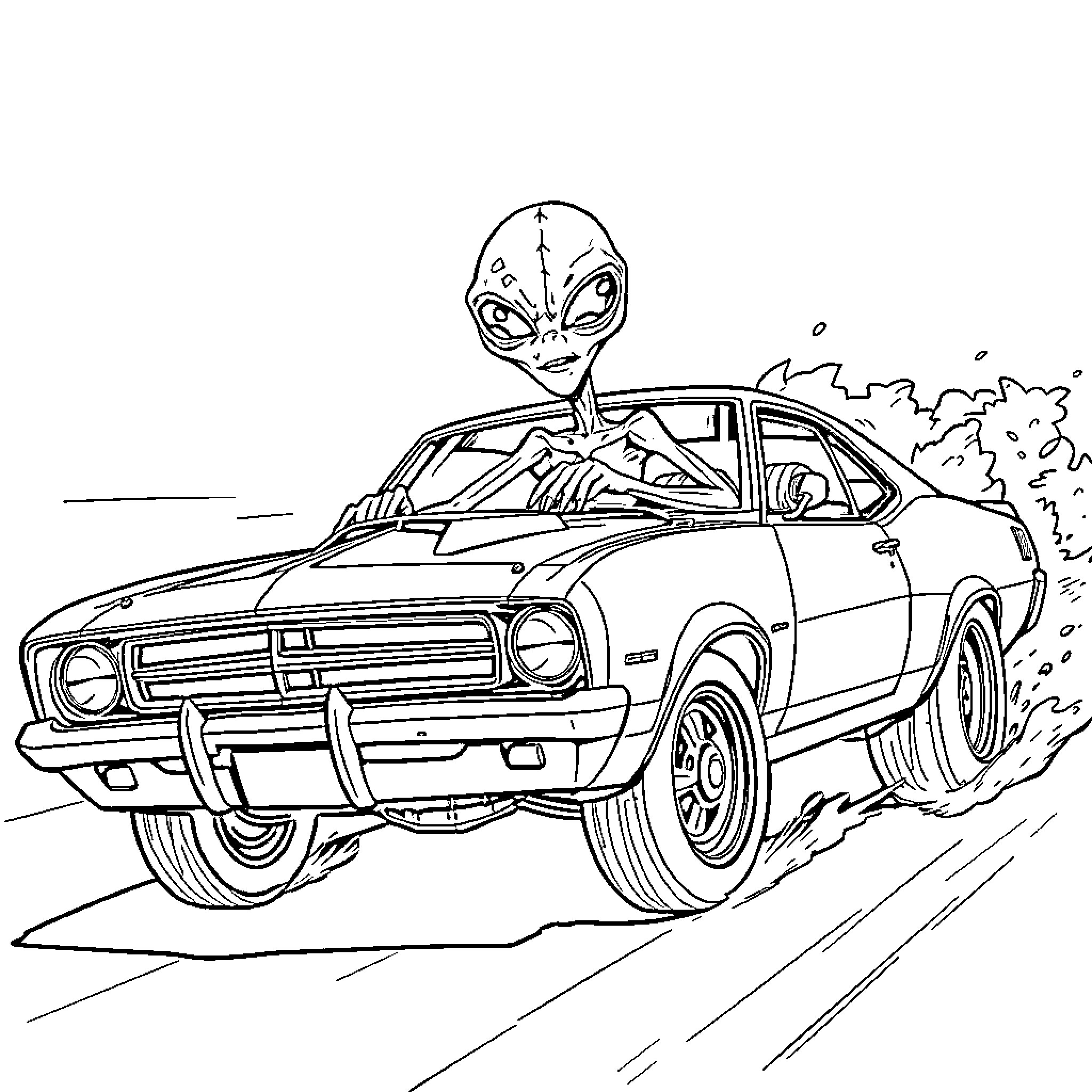 Alien Driving a Futuristic Sports Car Coloring Page (free black-and-white line drawing printable PDF for all, from beginners to advanced learners, including children, teens, adults, and seniors)