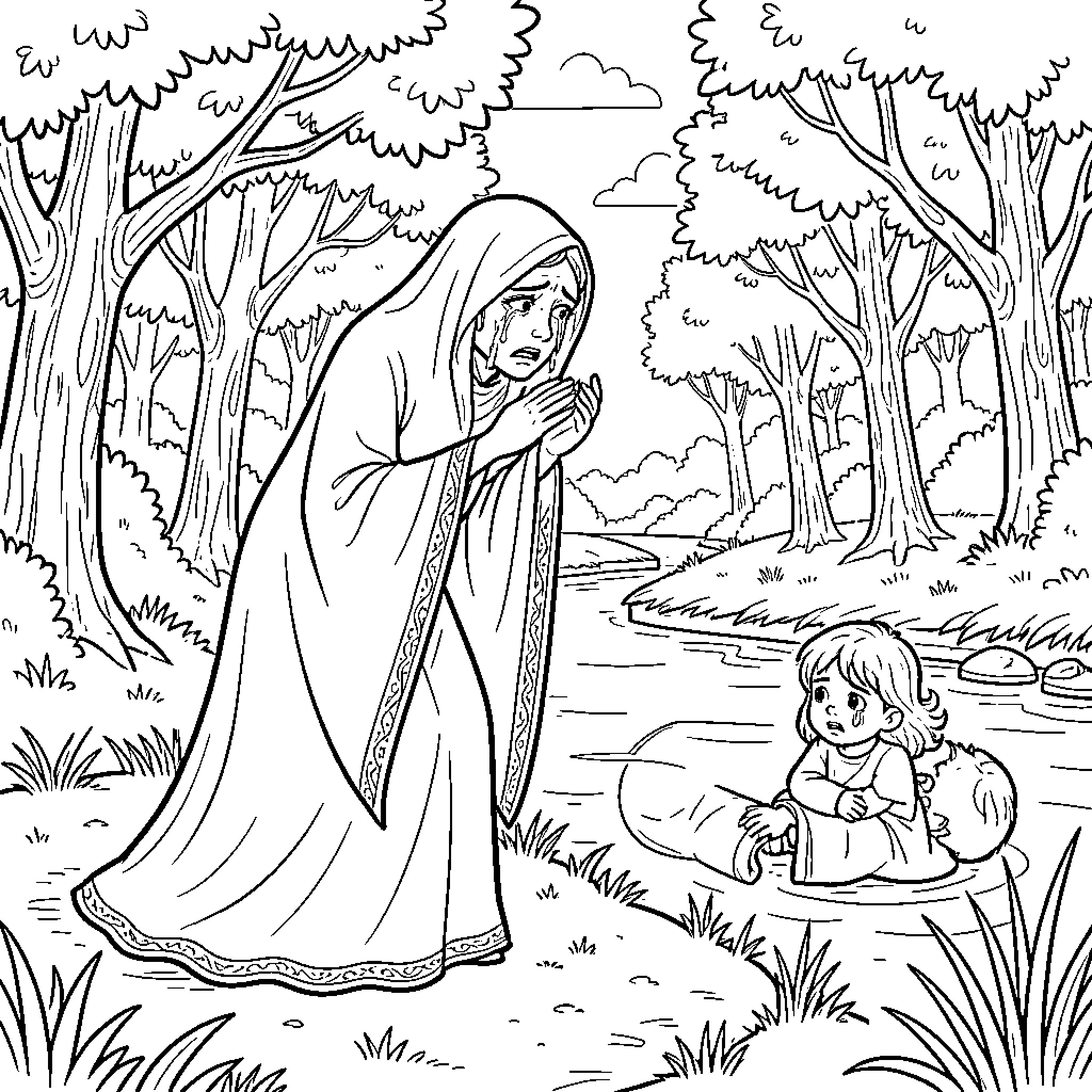 La Llorona's Lament: A Ghostly Figure Mourns by the River Coloring Page (free black-and-white line drawing printable PDF for all, from beginners to advanced learners, including children, teens, adults, and seniors)