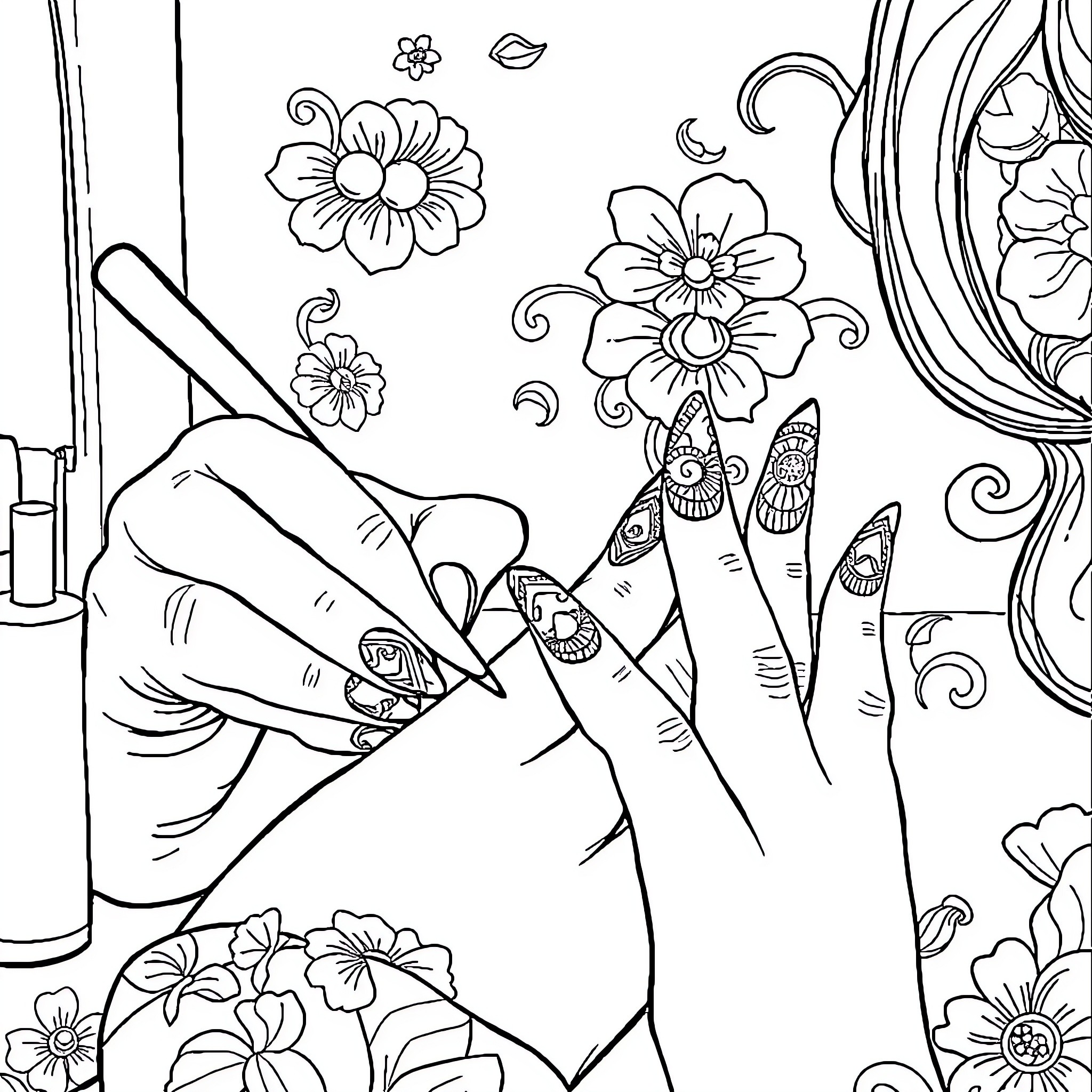 Beautician applying nail polish with floral elements Coloring Page (free black-and-white line drawing printable PDF for all, from beginners to advanced learners, including children, teens, adults, and seniors)