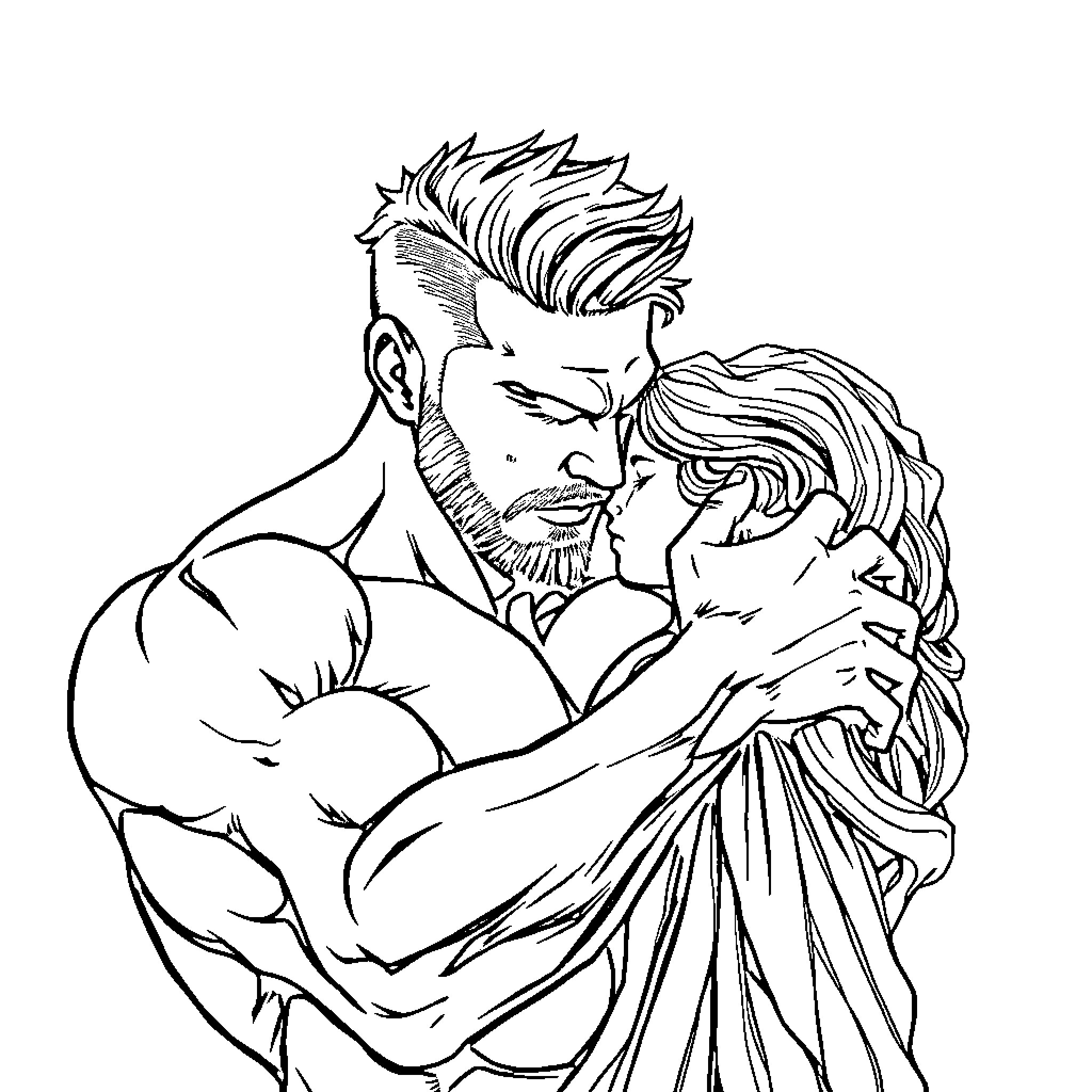 Man embracing woman tenderly Coloring Page (free black-and-white line drawing printable PDF for all, from beginners to advanced learners, including children, teens, adults, and seniors)