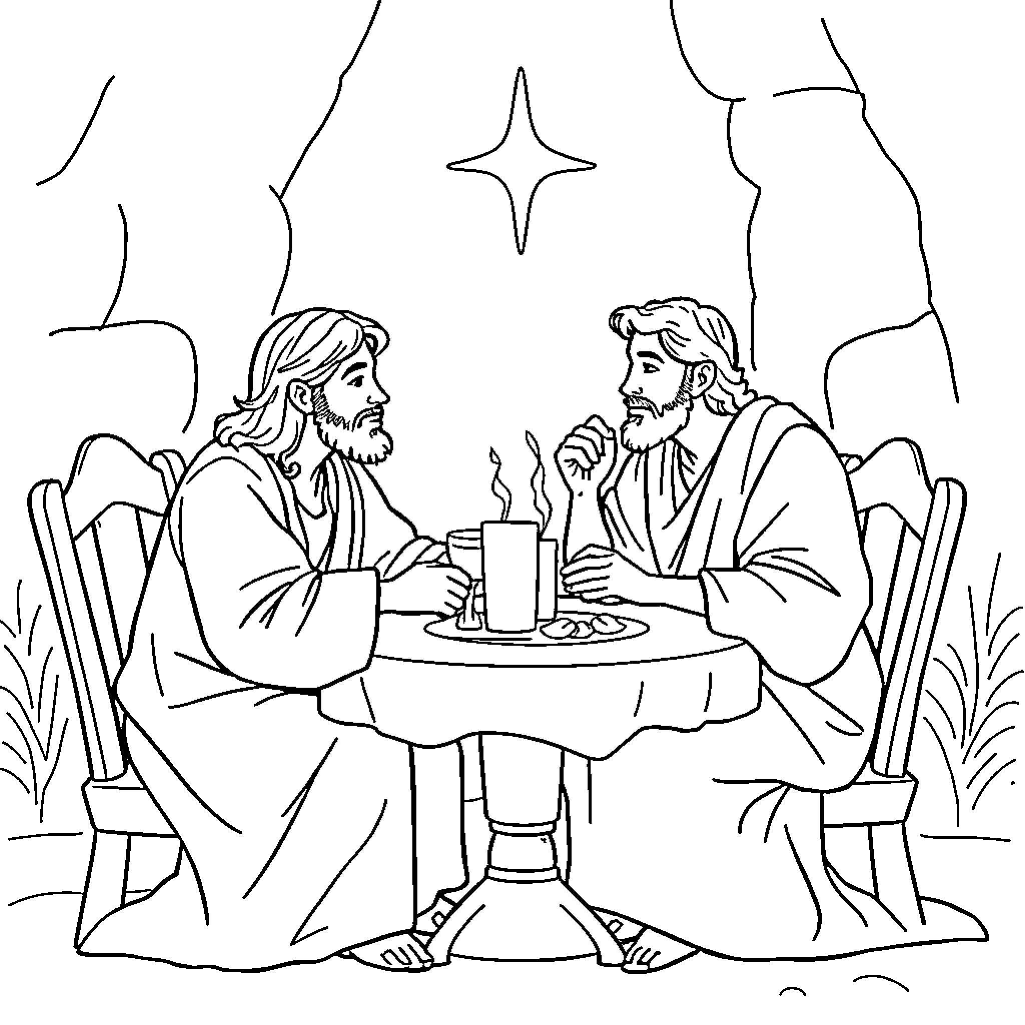 Moisés and Jesus in thoughtful discussion Coloring Page (free black-and-white line drawing printable PDF for all, from beginners to advanced learners, including children, teens, adults, and seniors)