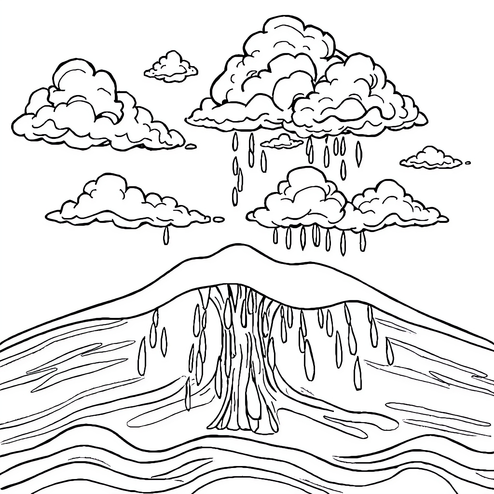 Water Cycle Illustration with Clouds and Rainfall Coloring Page (free black-and-white line drawing printable PDF for all, from beginners to advanced learners, including children, teens, adults, and seniors)
