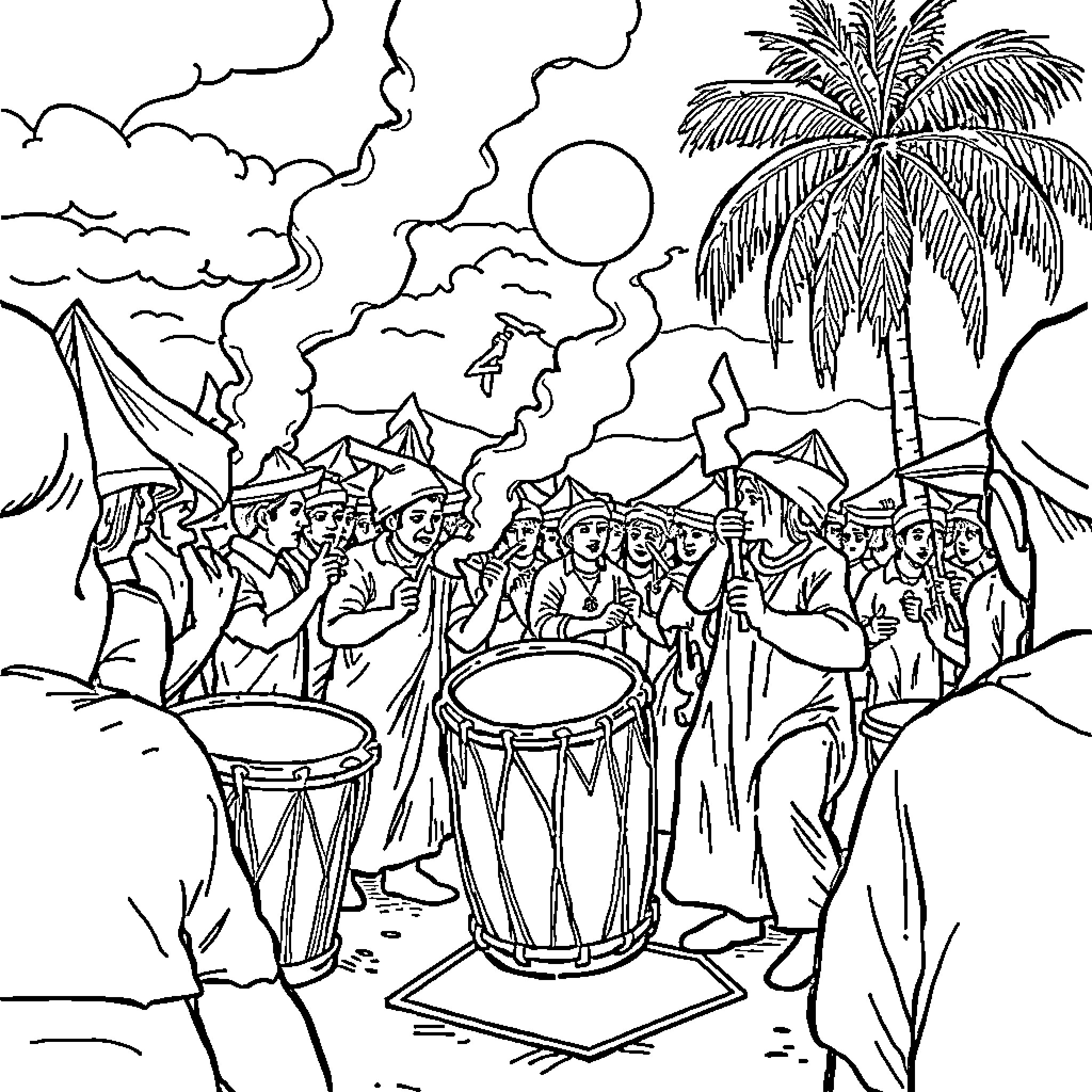 Tung Tung: Lively Tropical Celebration with Drums and Dancers Coloring Page (free black-and-white line drawing printable PDF for all, from beginners to advanced learners, including children, teens, adults, and seniors)