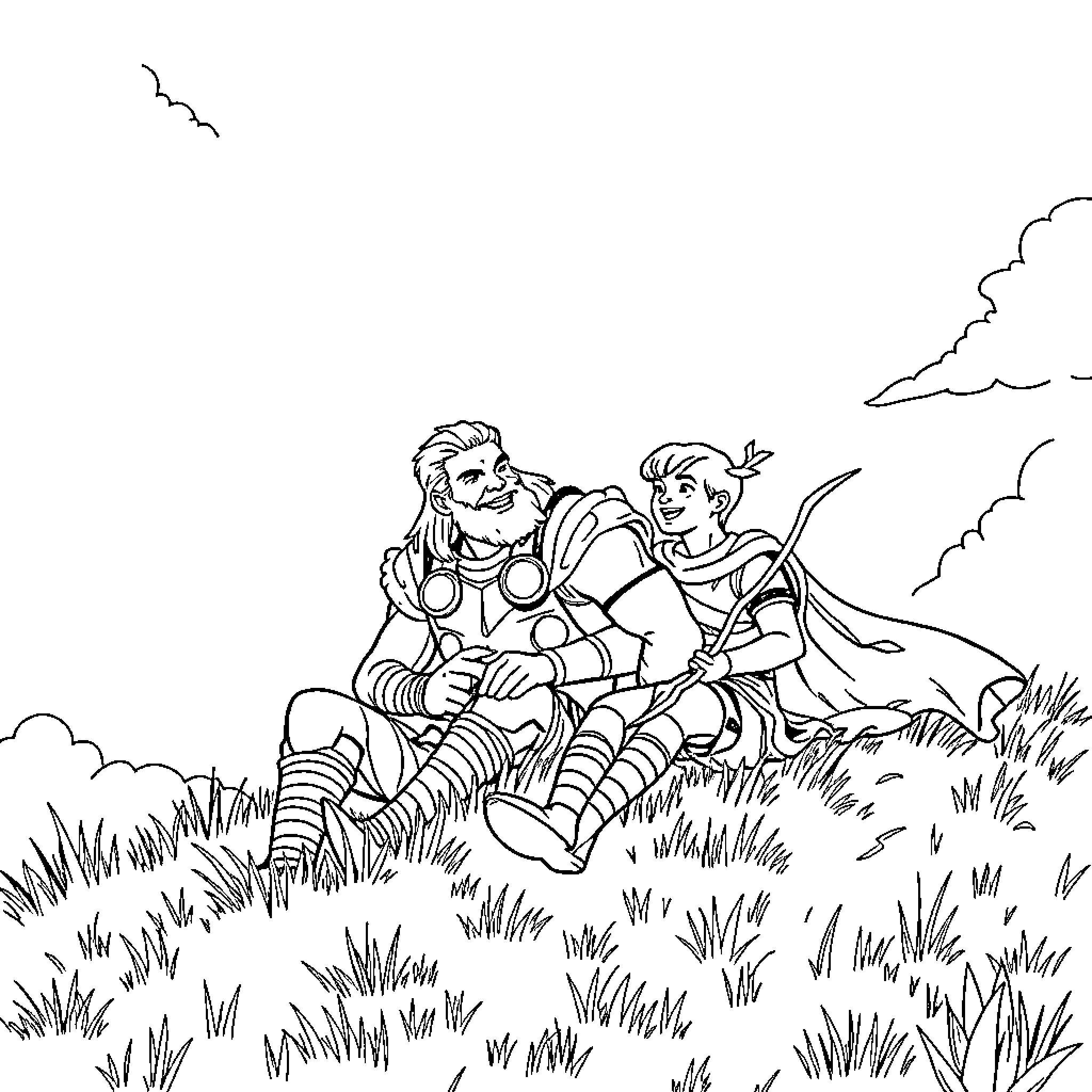 Thor and companion relaxing in the meadow Coloring Page (free black-and-white line drawing printable PDF for all, from beginners to advanced learners, including children, teens, adults, and seniors)