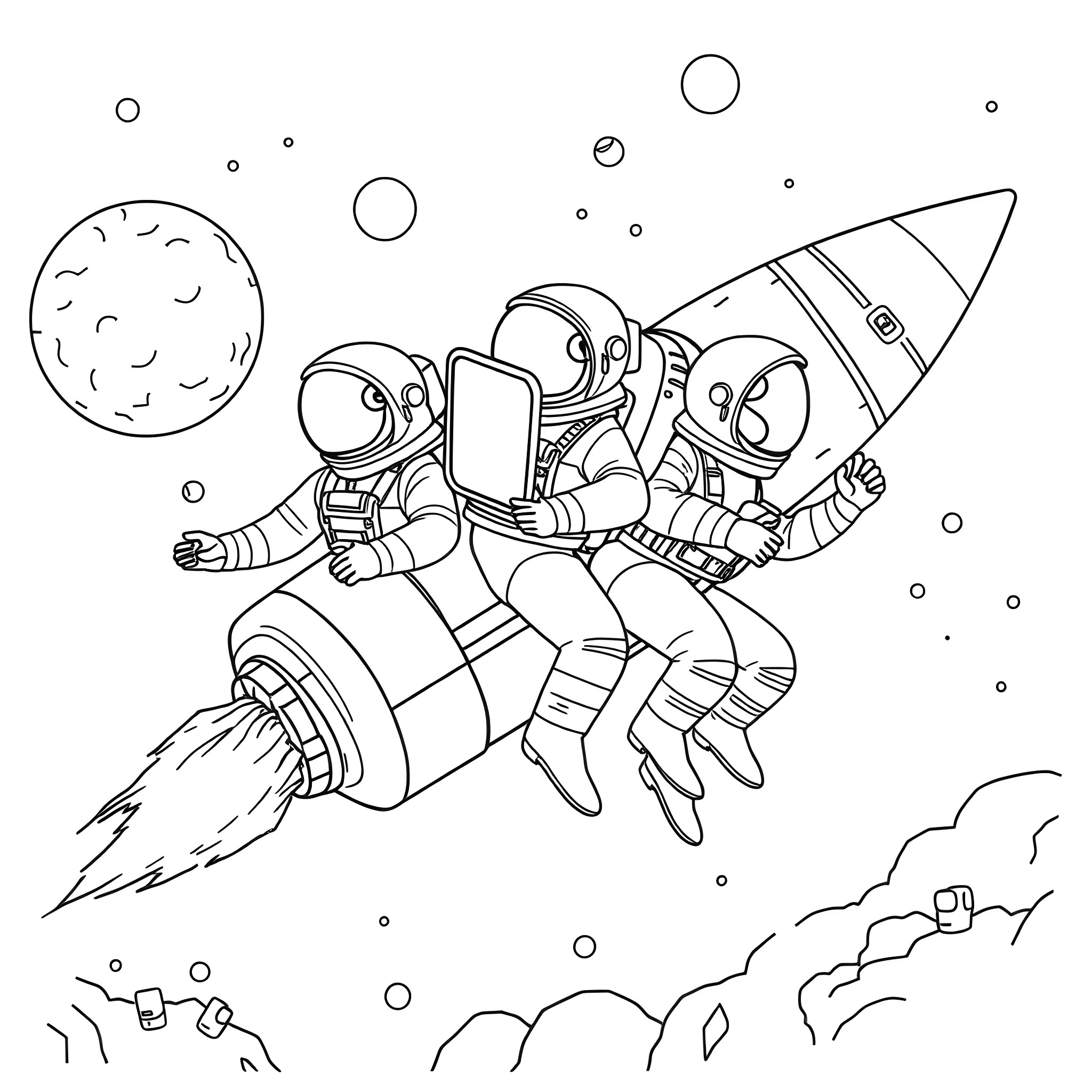 Space astronauts exploring the cosmos on a rocket ship Coloring Page (free black-and-white line drawing printable PDF for all, from beginners to advanced learners, including children, teens, adults, and seniors)