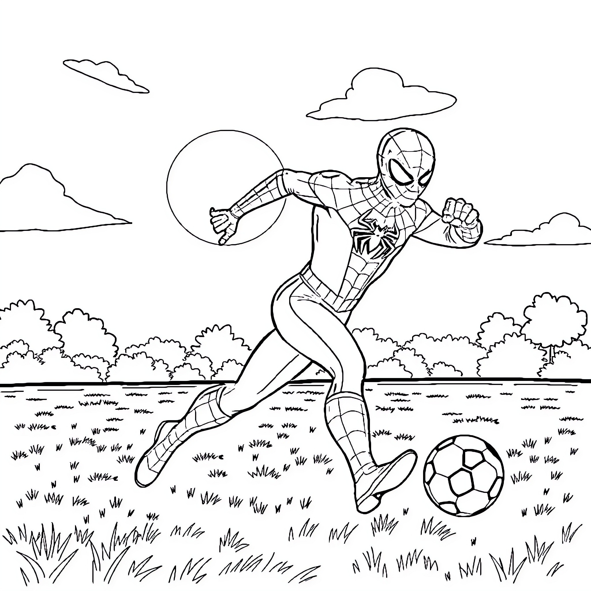Spiderman playing soccer in the countryside Coloring Page (free black-and-white line drawing printable PDF for all, from beginners to advanced learners, including children, teens, adults, and seniors)