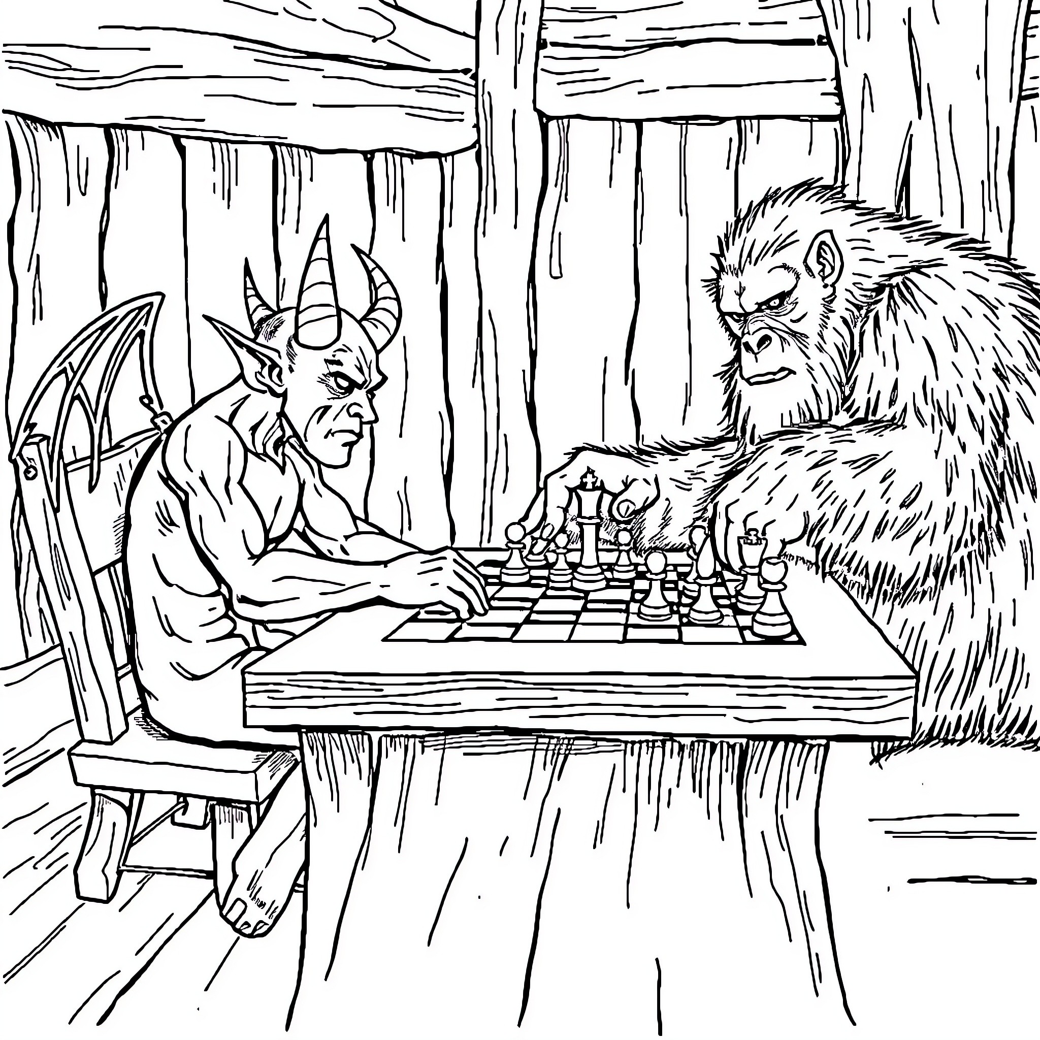 Devil and Beast Engaged in a Game of Chess Coloring Page (free black-and-white line drawing printable PDF for all, from beginners to advanced learners, including children, teens, adults, and seniors)