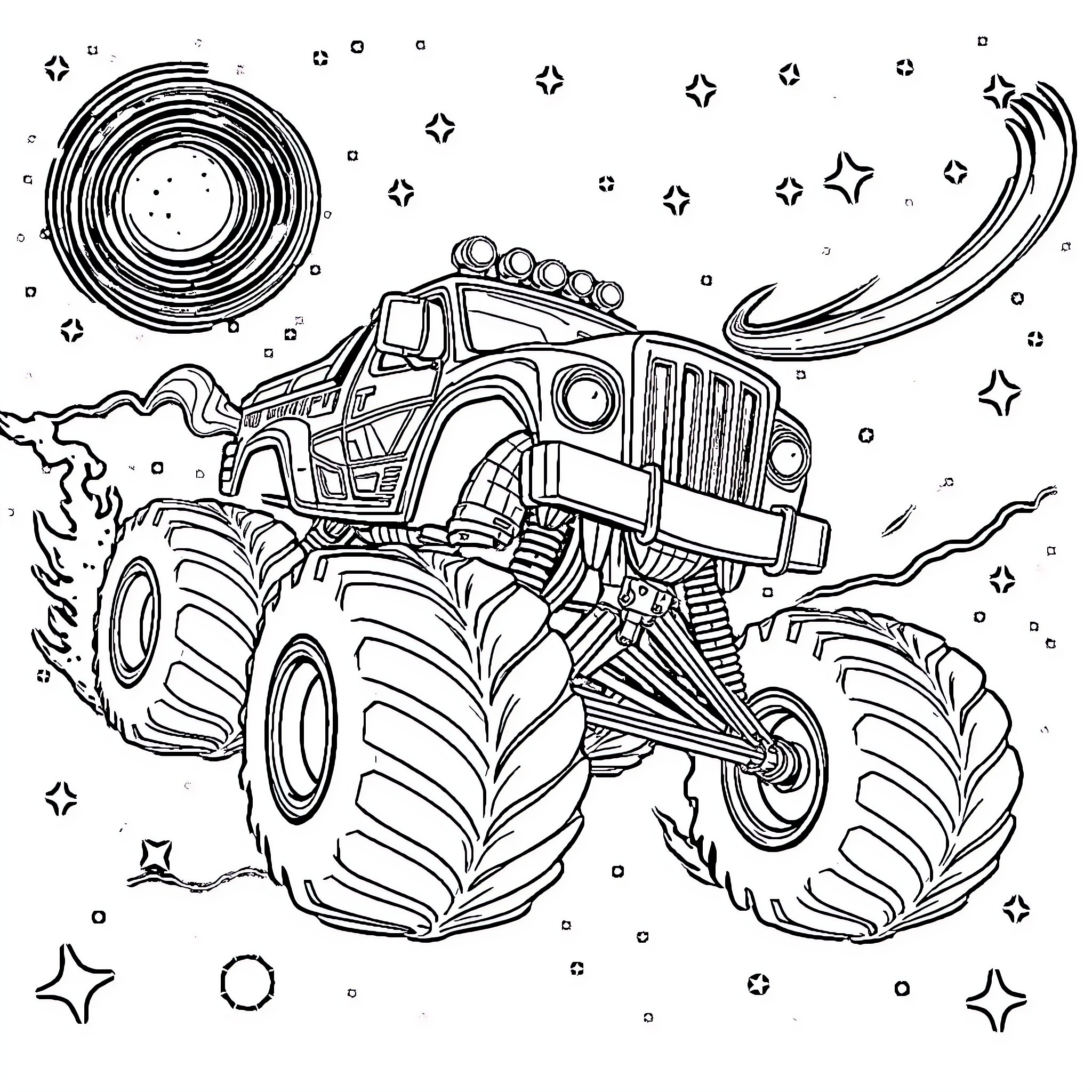 Monster Truck racing through the stars Coloring Page (free black-and-white line drawing printable PDF for all, from beginners to advanced learners, including children, teens, adults, and seniors)