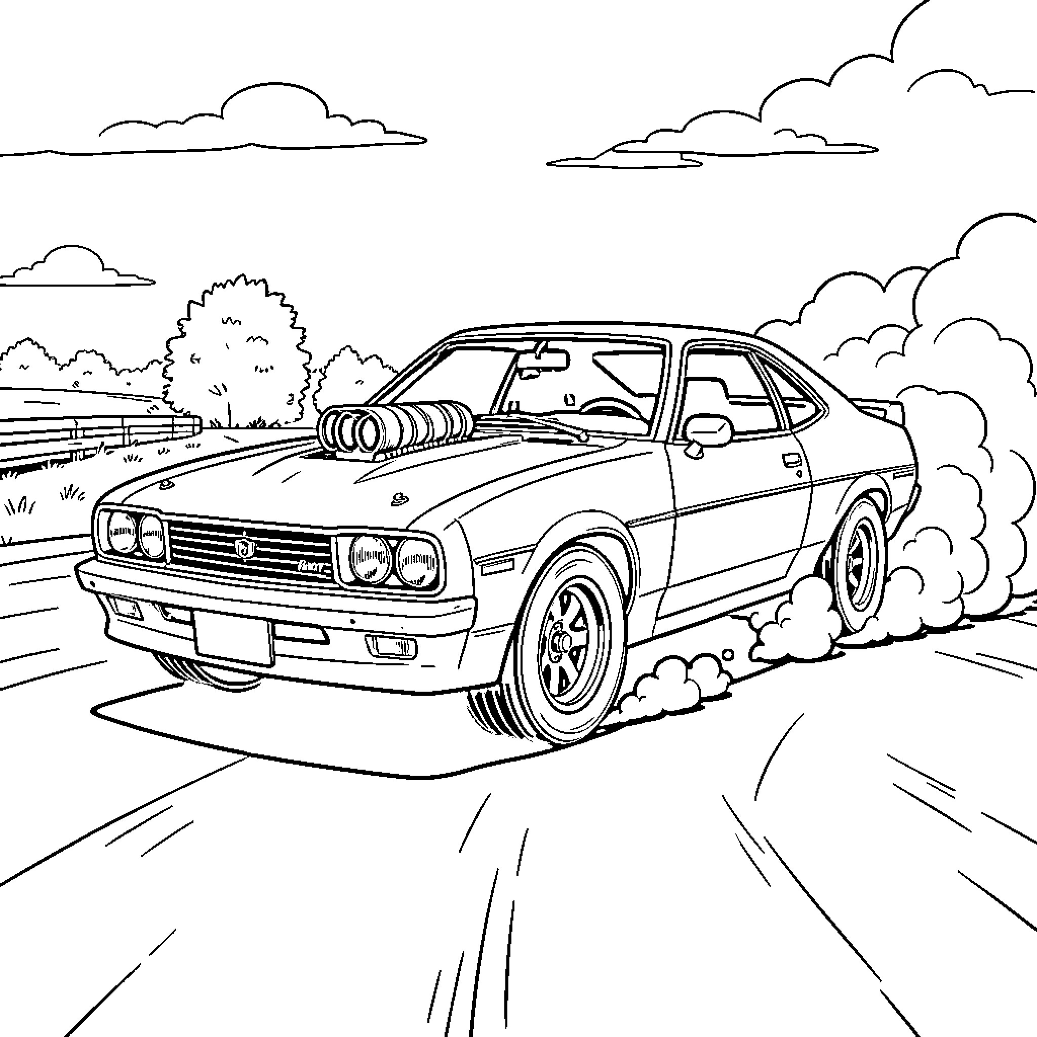 Holden Torana speeding through the countryside Coloring Page (free black-and-white line drawing printable PDF for all, from beginners to advanced learners, including children, teens, adults, and seniors)