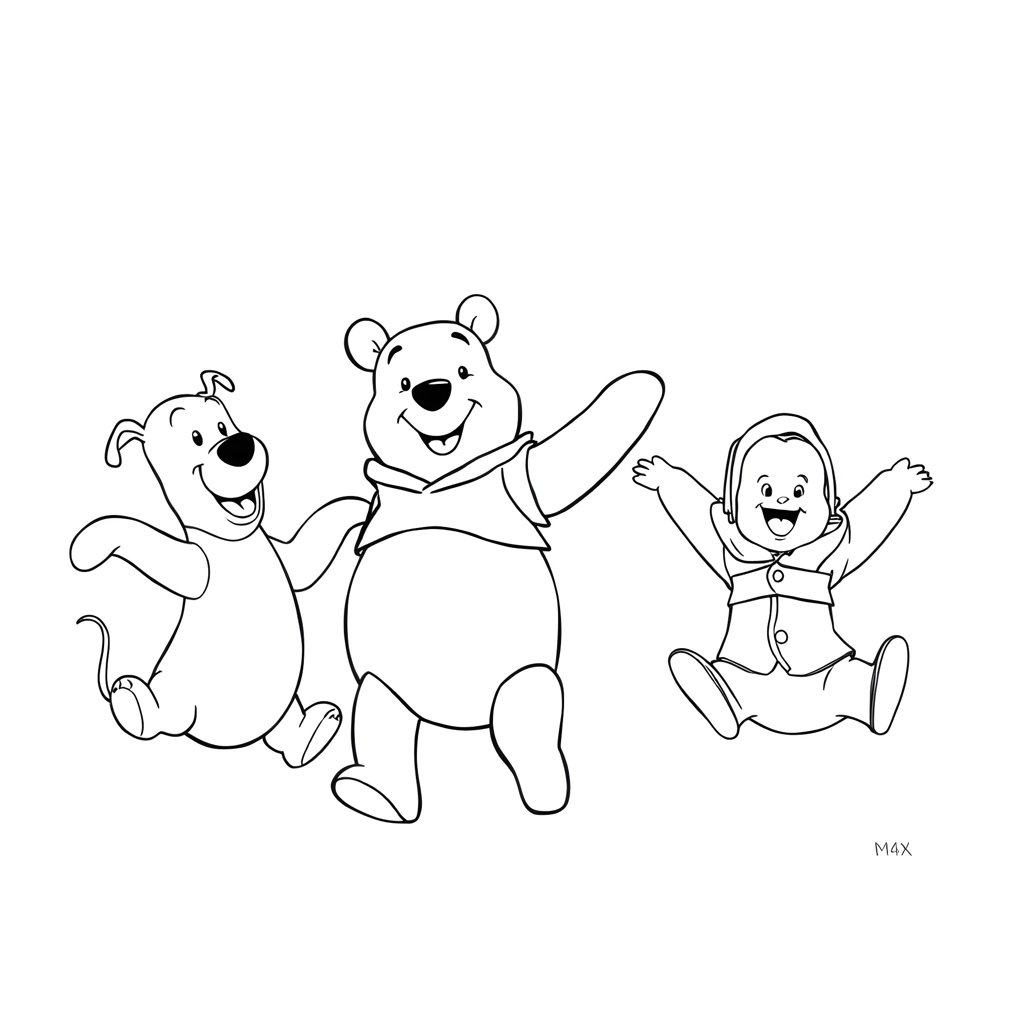 Bear characters playing joyfully together Coloring Page (free black-and-white line drawing printable PDF for all, from beginners to advanced learners, including children, teens, adults, and seniors)