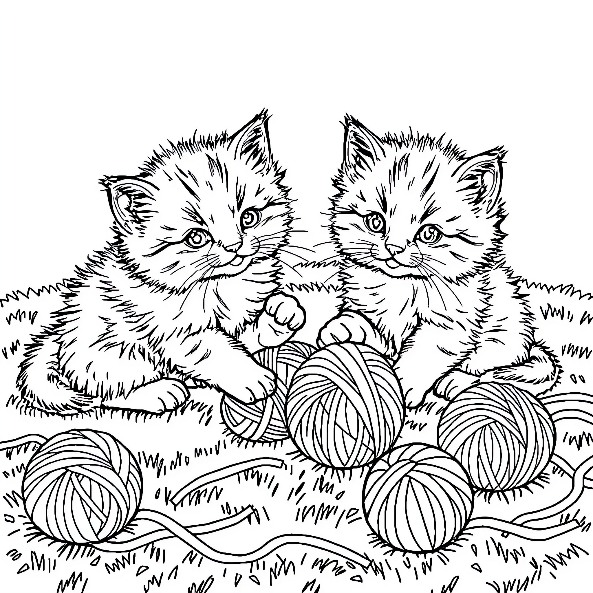 Kittens playing with yarn balls in a field Coloring Page (free black-and-white line drawing printable PDF for all, from beginners to advanced learners, including children, teens, adults, and seniors)