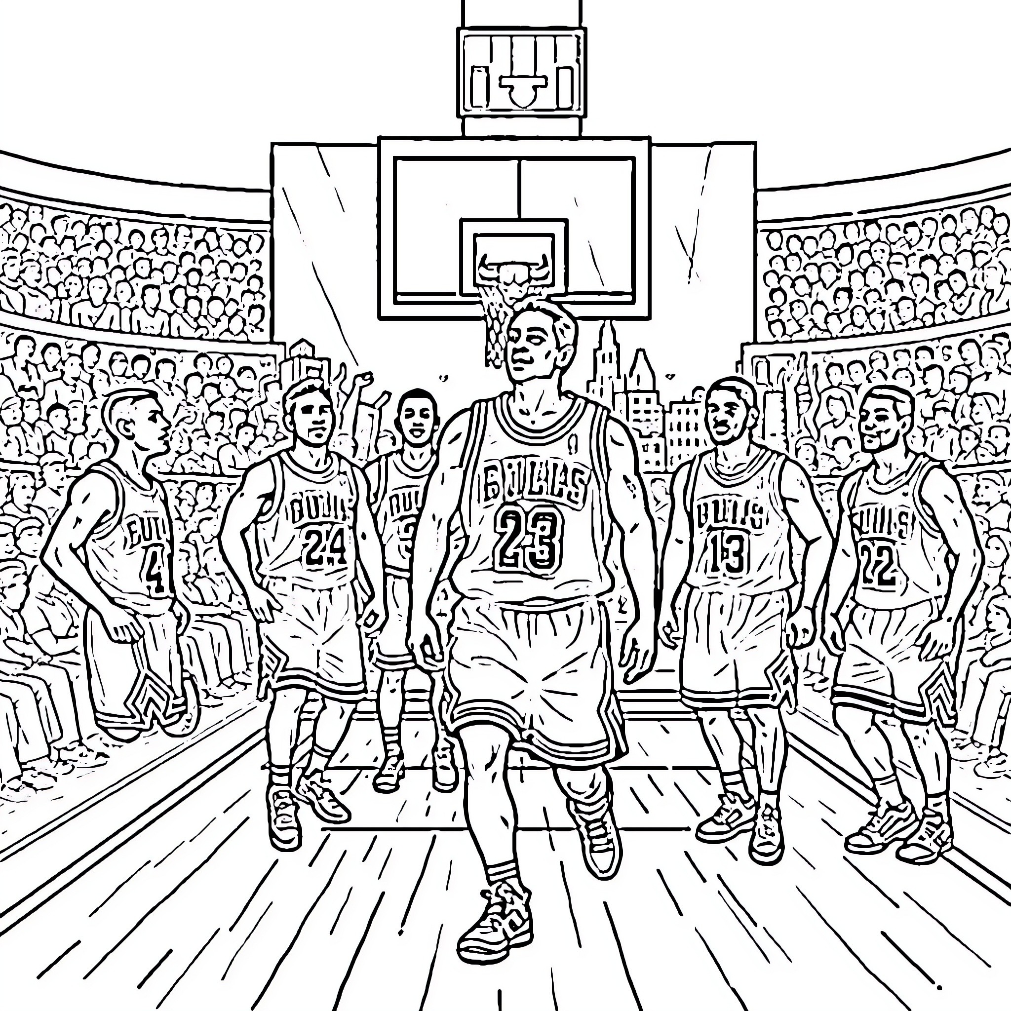 Basketball players in action on the court Coloring Page (free black-and-white line drawing printable PDF for all, from beginners to advanced learners, including children, teens, adults, and seniors)